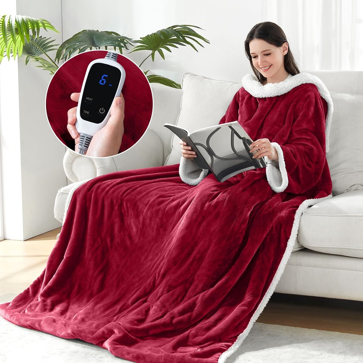 Electric Blanket Wearable with Foot Pocket, Electric Snuggle Blanket with Sleeves, Flannel & Sherpa Heating Throw with 6 Heat Settings & 2-10 Hours Auto Shut Off