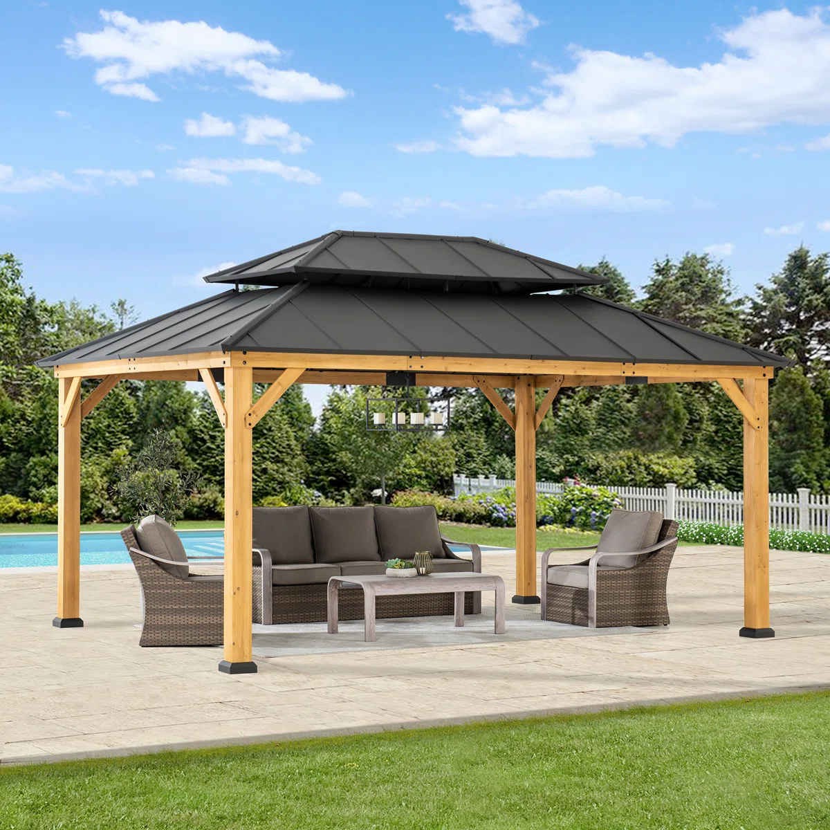 Sunjoy 12x16 ft. Wood Gazebo, Outdoor Patio Steel Hardtop Gazebo, Cedar Framed Wooden Gazebo with 2-tier Metal Roof, Suitable for Patios, Lawn and Backyard