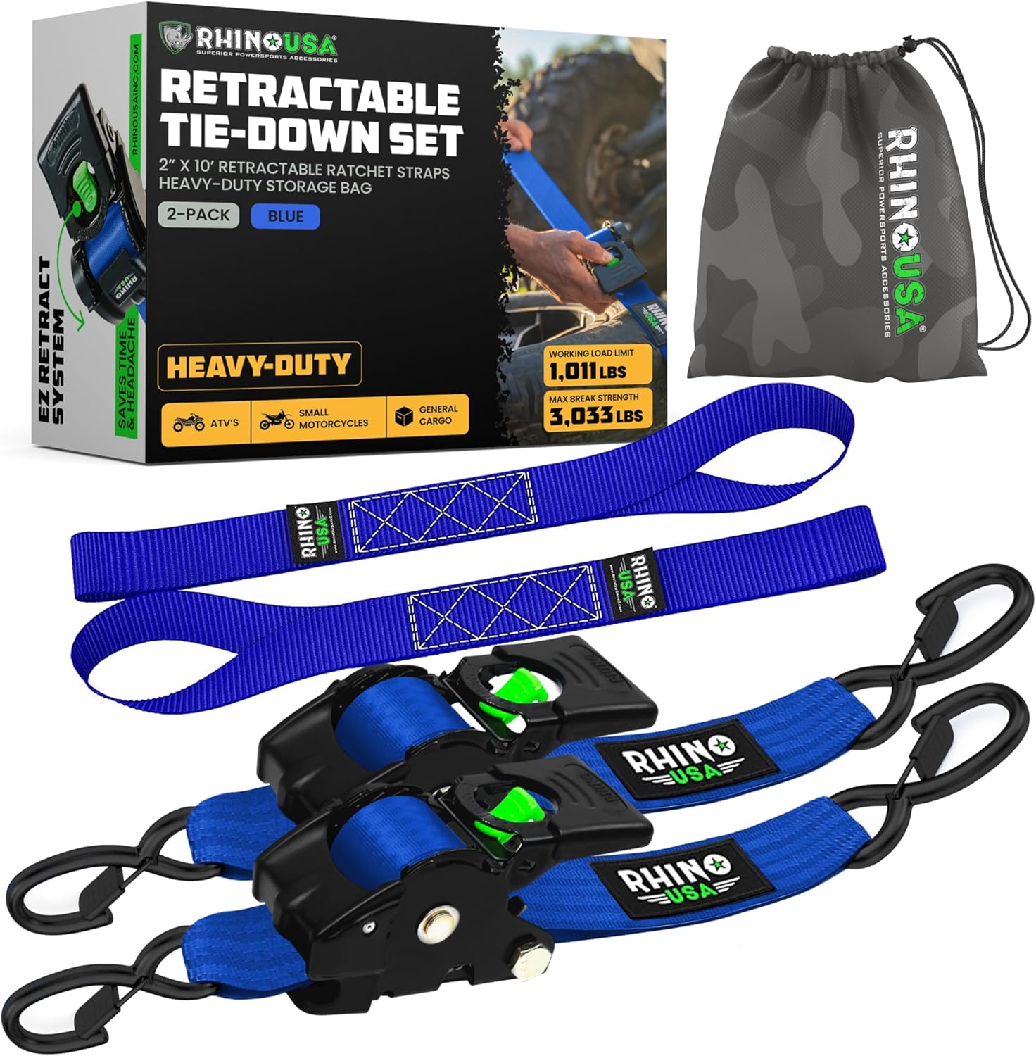 Rhino USA Retractable Ratchet Straps (2-Pack) - 2 Inch x 10 Feet (3,033lb Break Strength) - Heavy Duty Auto Self Retracting Tie Down Straps for Truck, Cargo Trailer, Motorcycle, Rad & More - Orange