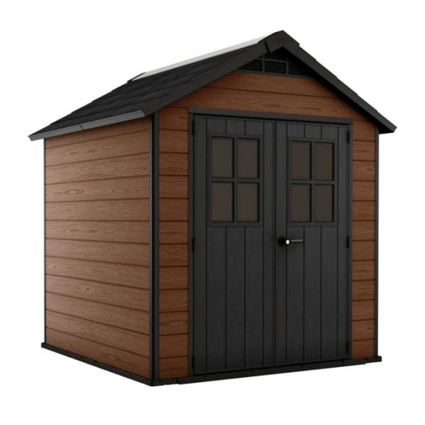 7.5×7 Large Resin Outdoor Storage Shed Kit – Perfect to Store Patio Furniture, Garden Tools, Bike Accessories, and Lawn Mower, Mahogany Brown