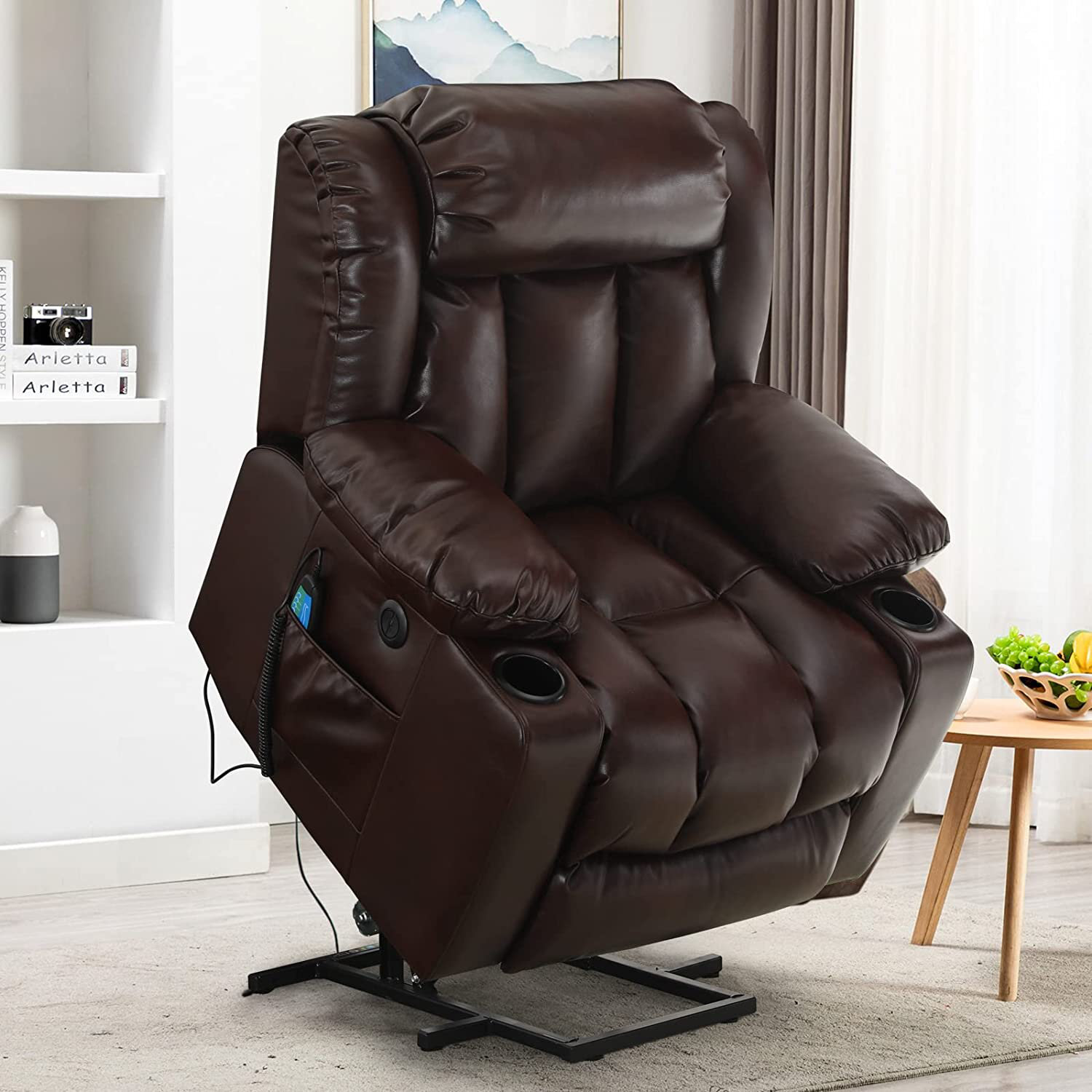 MCombo Large Lay Flat Dual Motor Power Lift Recliner Chair Sofa with Massage and Heat, USB Ports, Cup Holders, Extended Footrest！