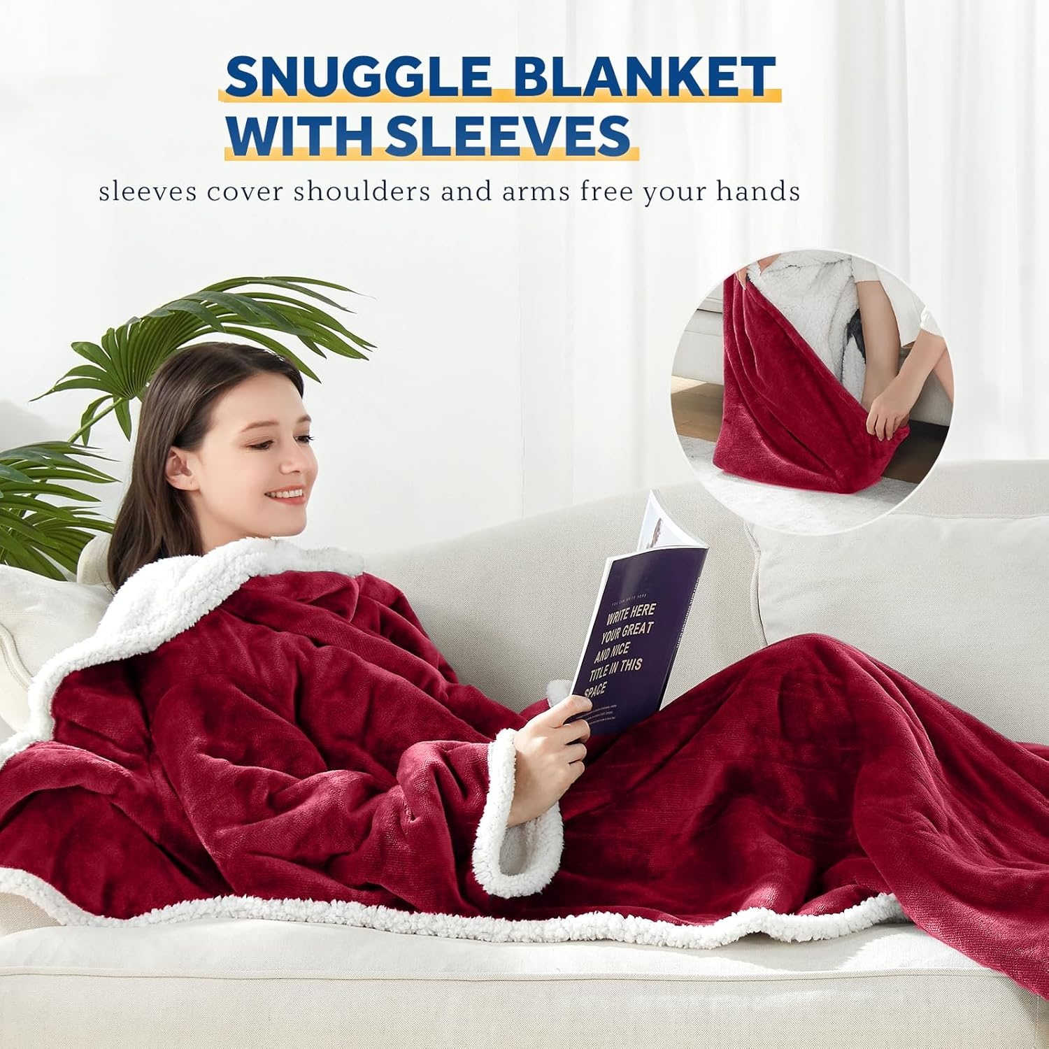 Electric Blanket Wearable with Foot Pocket, Electric Snuggle Blanket with Sleeves, Flannel & Sherpa Heating Throw with 6 Heat Settings & 2-10 Hours Auto Shut Off