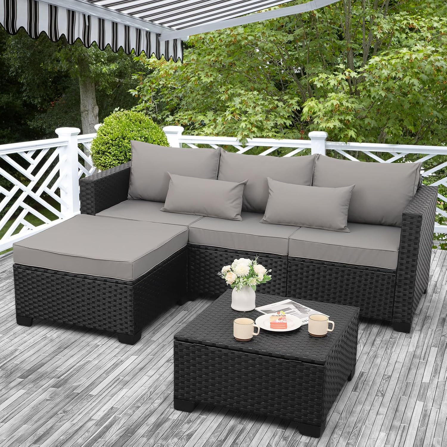 Rattaner Outdoor Furniture Set 3 Pieces Wicker Patio Furniture Outdoor Sectional Patio Couch Outdoor Coffee Table with Storage All-Weather Non-Slip Cushions Waterproof Covers