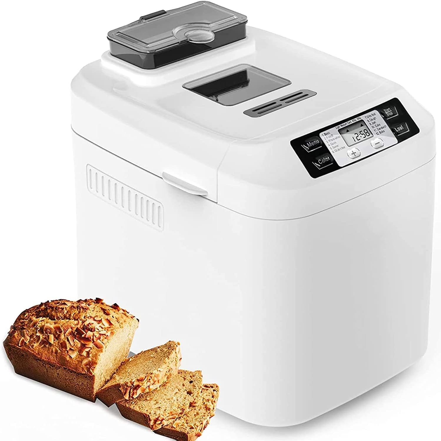 Bread Machine,with 12 Presets,Gluten-Free Setting,Auto Fruit Nut Dispenser & Nonstick Pan,2 Loaf Sizes,13H Reserve & 1H Keep Warm (White)