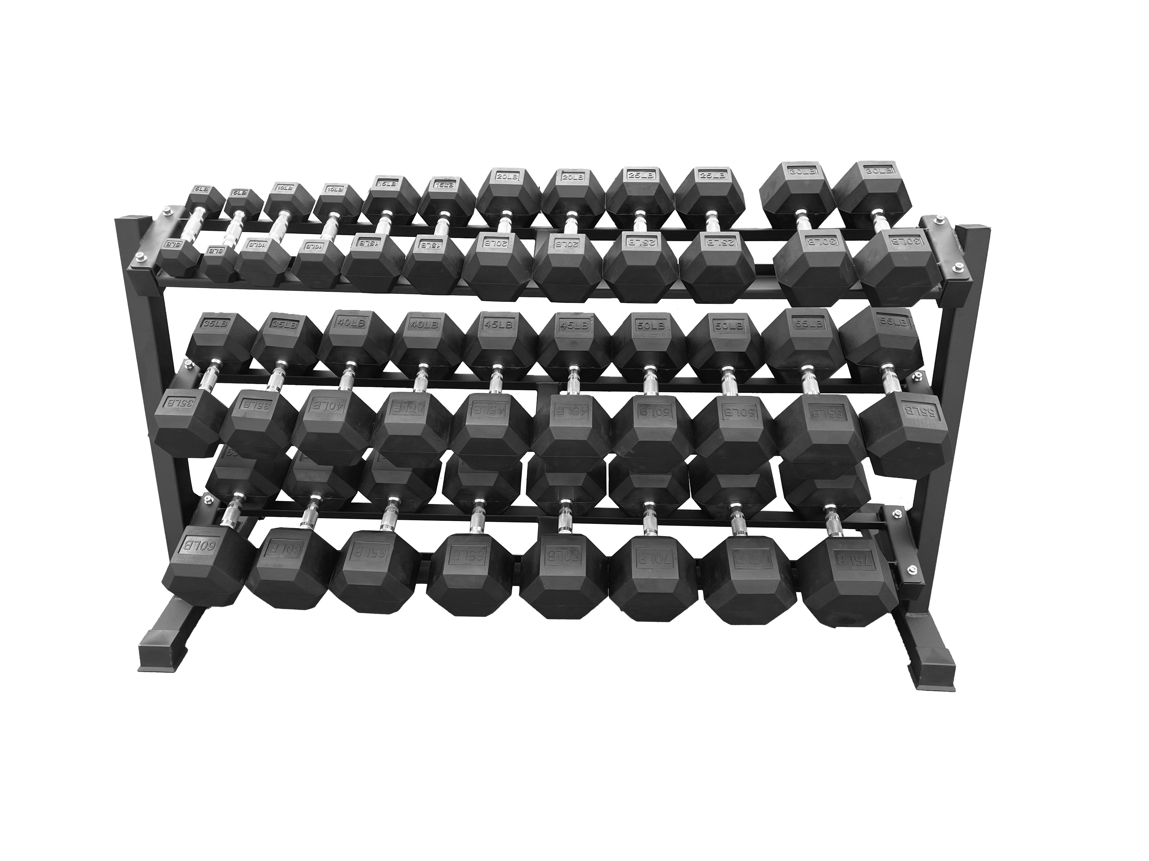 Rubber Hex Dumbbell Sets + Dumbbell Rack Combo