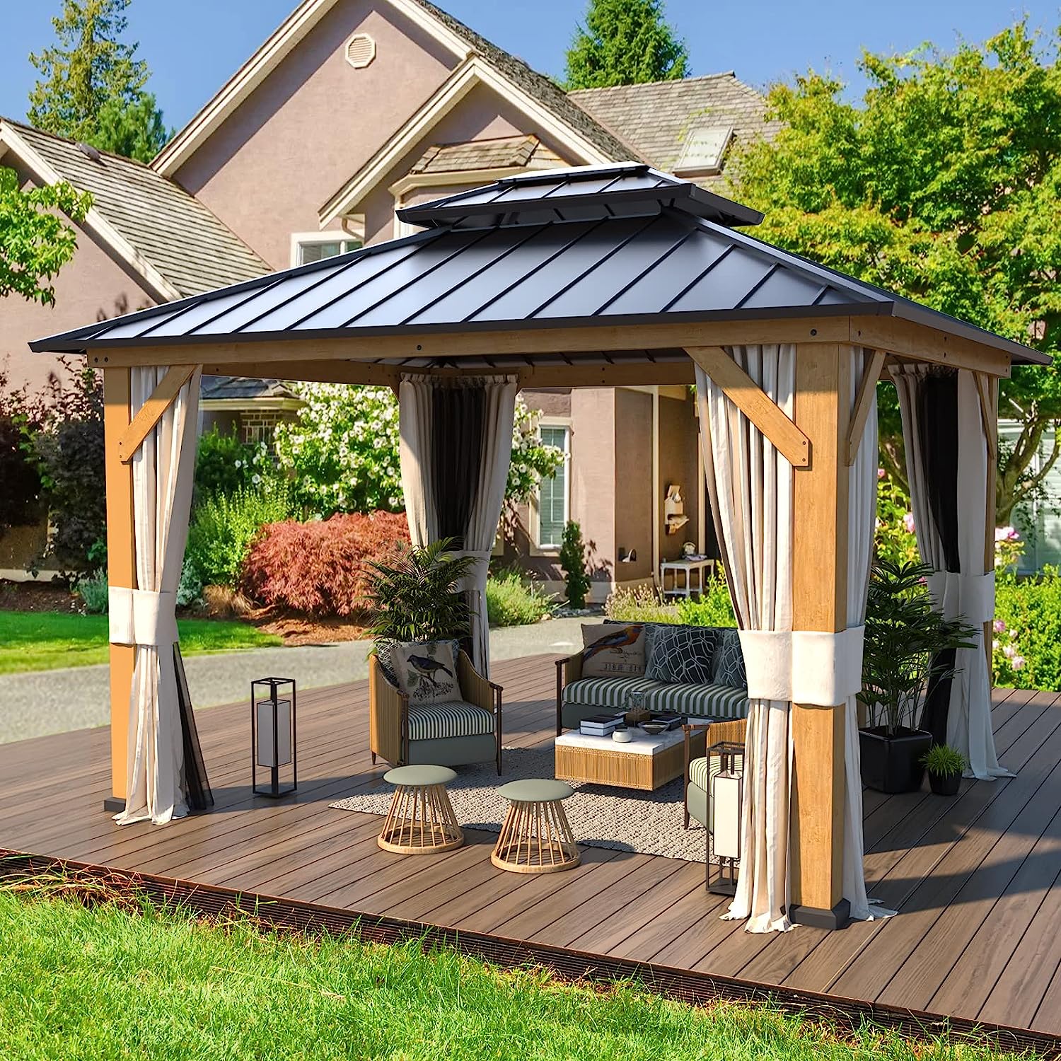 💝Clearance sale✨11′ft x 13′ft Solid Wood Gazebo， With Privacy Curtain And Mosquito Net（brown）