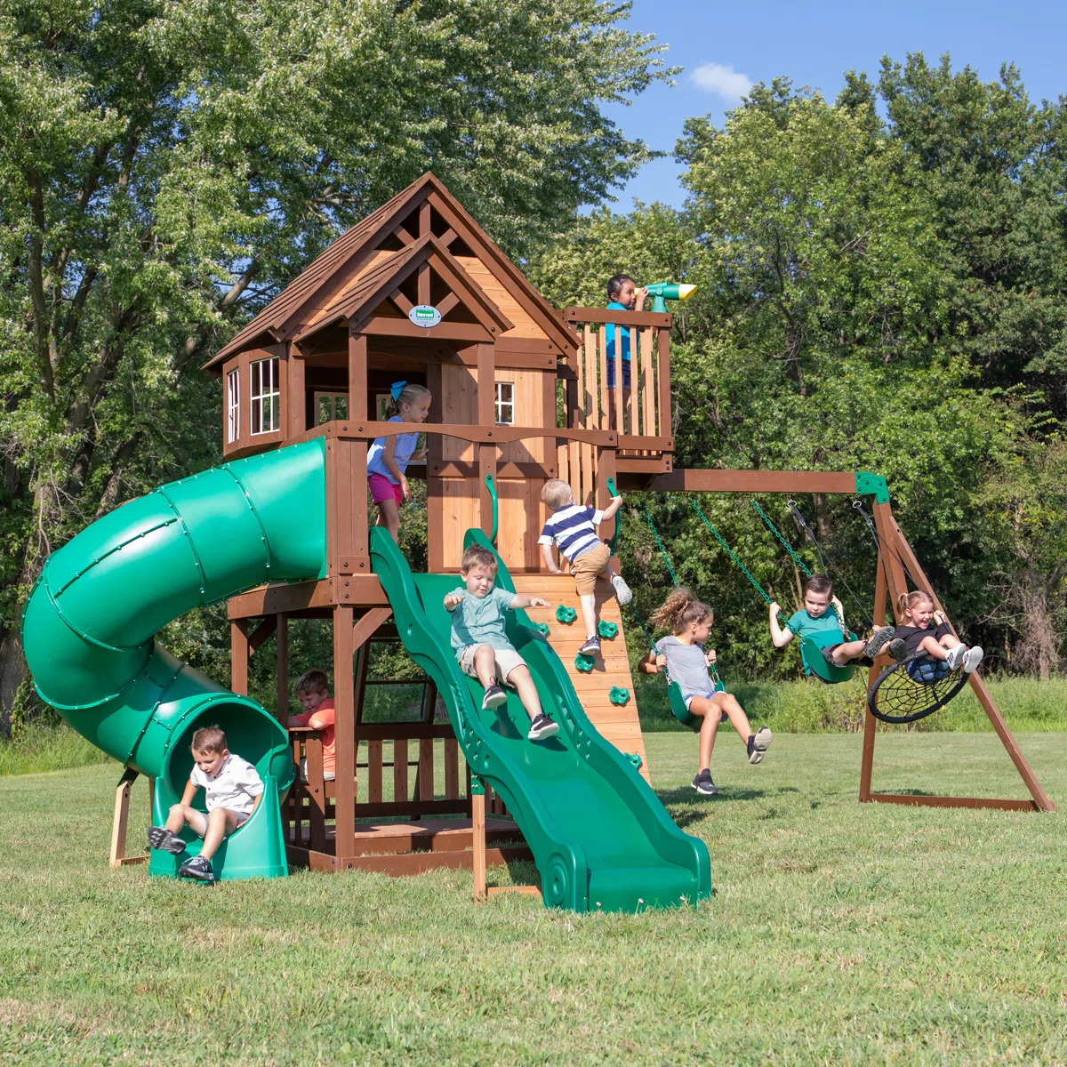 Backyard Discovery Skyfort II Cedar Wood Swing Set with Spiral Tube Slide, Clubhouse, Crow's Nest, and Picnic Table