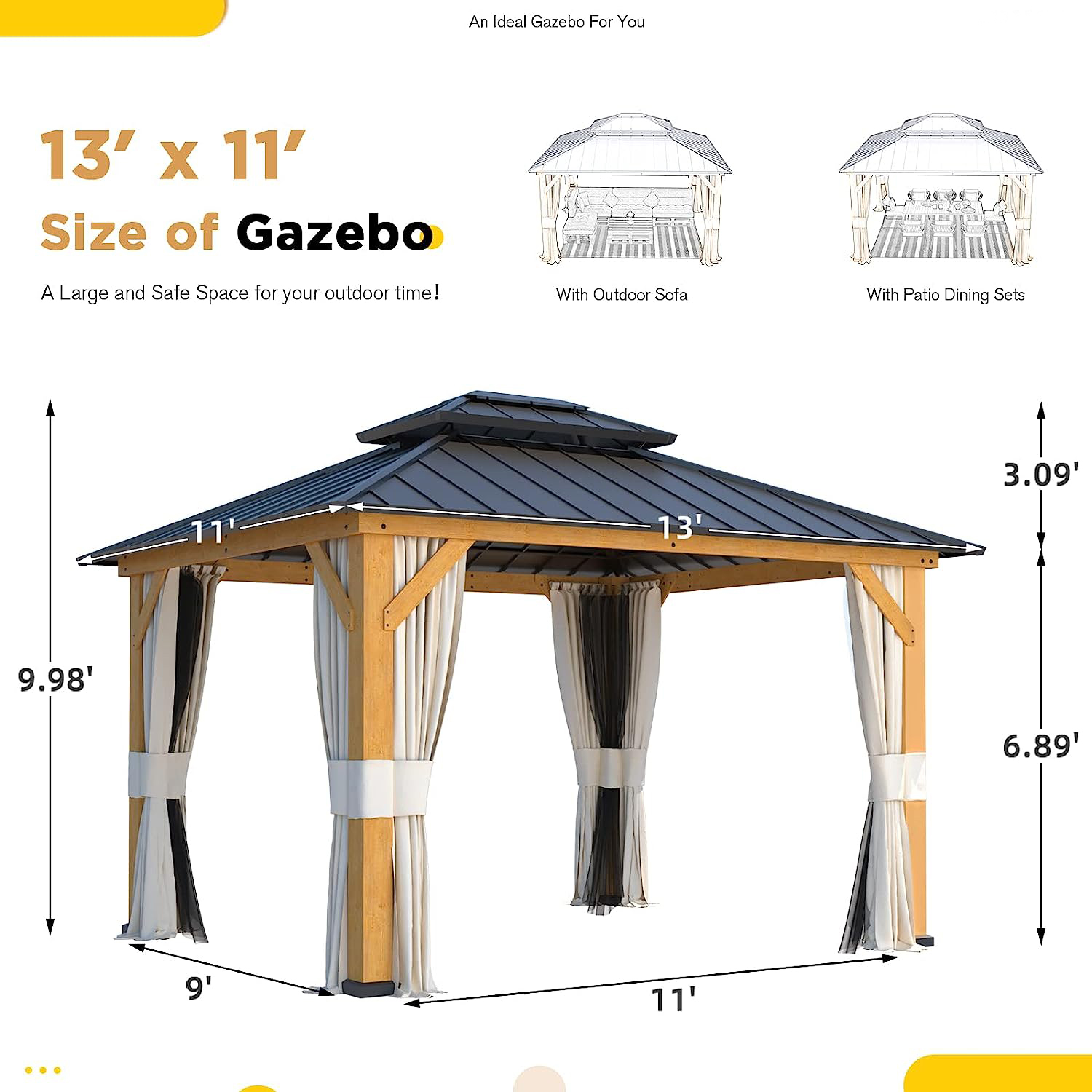 💝Clearance sale✨11′ft x 13′ft Solid Wood Gazebo， With Privacy Curtain And Mosquito Net（brown）