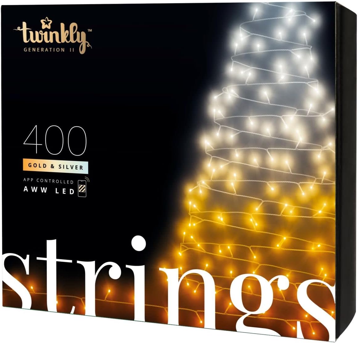 Twinkly Strings 400 LED RGB+Warm White, LED Light String, in- and Outdoor Smart Multicolor LED Lights, Christmas Lights, Mappable LEDs, Compatible with Alexa, and Google Home, IP44, Green Wire, 105ft