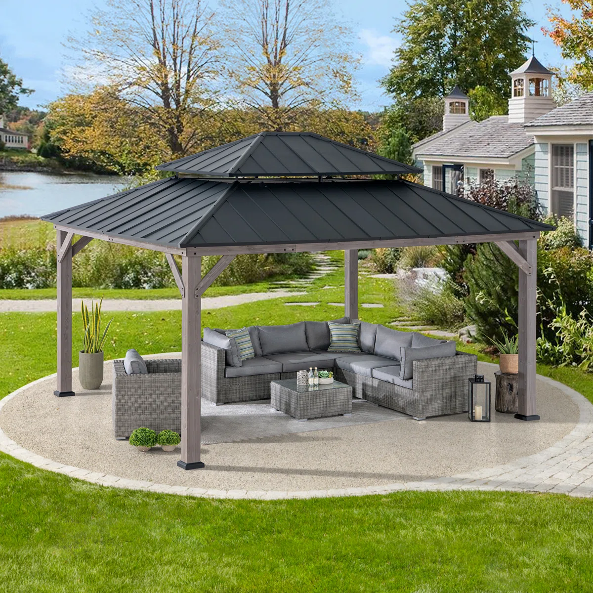 Sunjoy 13 x 15 ft. Wood Gazebo, Outdoor Patio Steel Hardtop Gazebo, Cedar Framed Wooden Gazebo with 2-Tier Metal Roof, Suitable for Patios, Lawn and Backyard