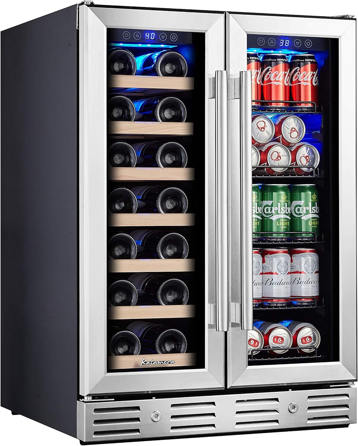 Kalamera 24 inch Wine Cooler, 46 Bottle - Dual Zone Built-in or Freestanding Fridge with Stainless Steel Reversible Glass Door, for Home, Kitchen, or Office.