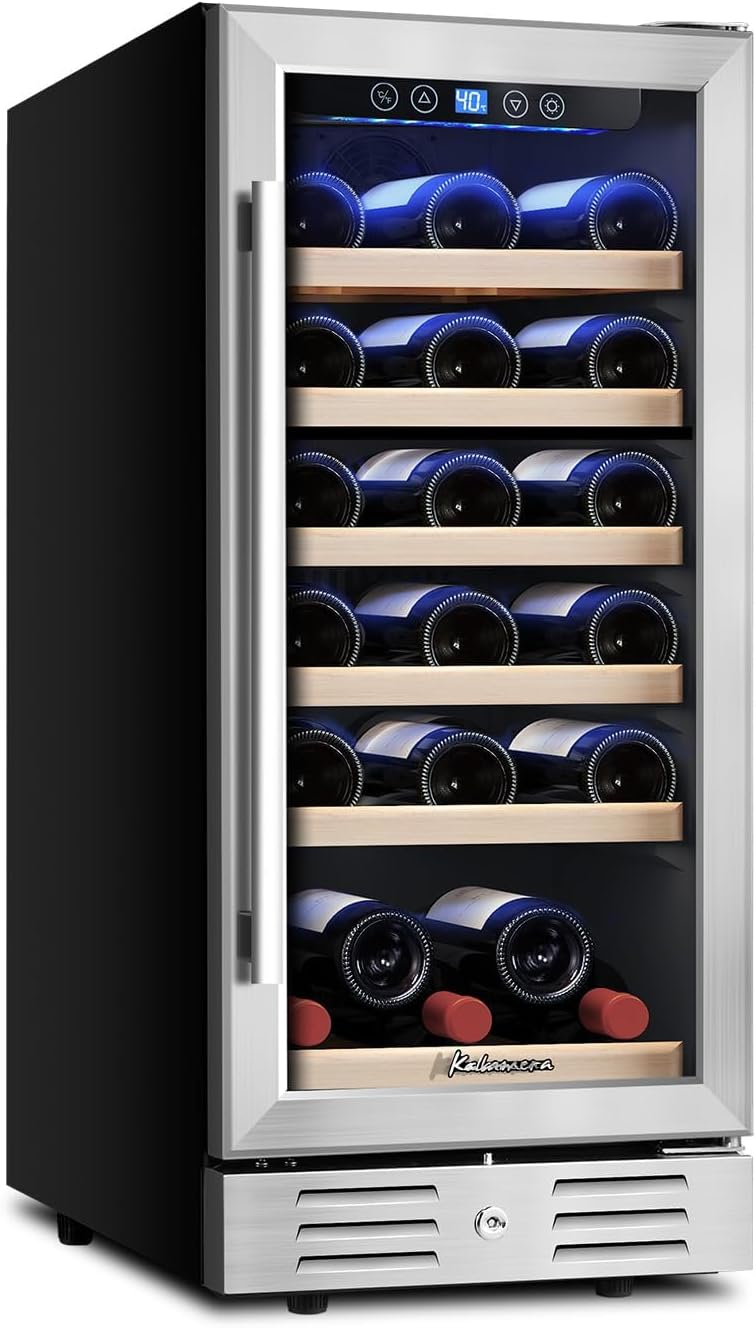 Kalamera 24 inch Wine Cooler, 46 Bottle - Dual Zone Built-in or Freestanding Fridge with Stainless Steel Reversible Glass Door, for Home, Kitchen, or Office.