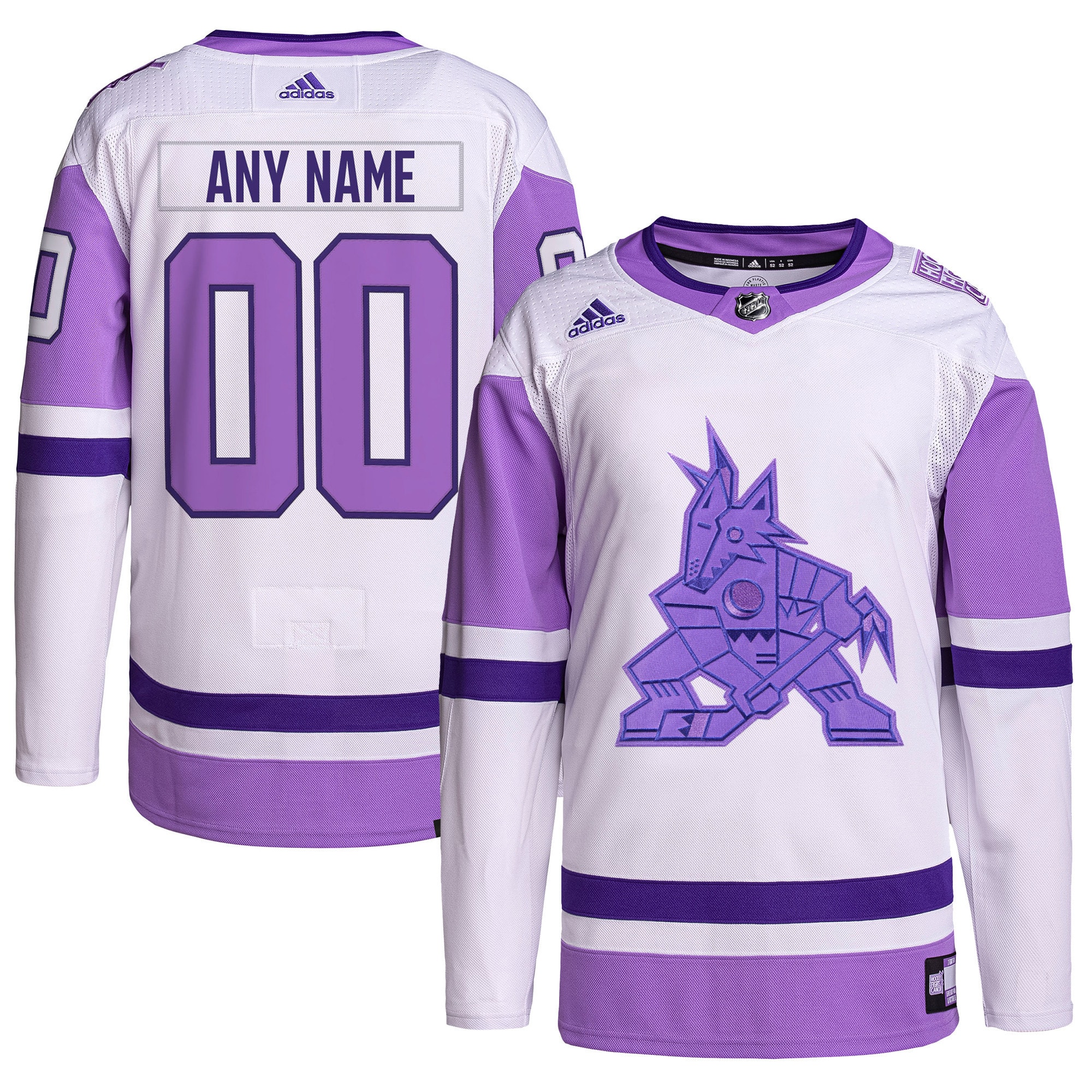 Arizona Coyotes adidas Hockey Fights Cancer Primegreen Authentic Custom Jersey - White\/Purple