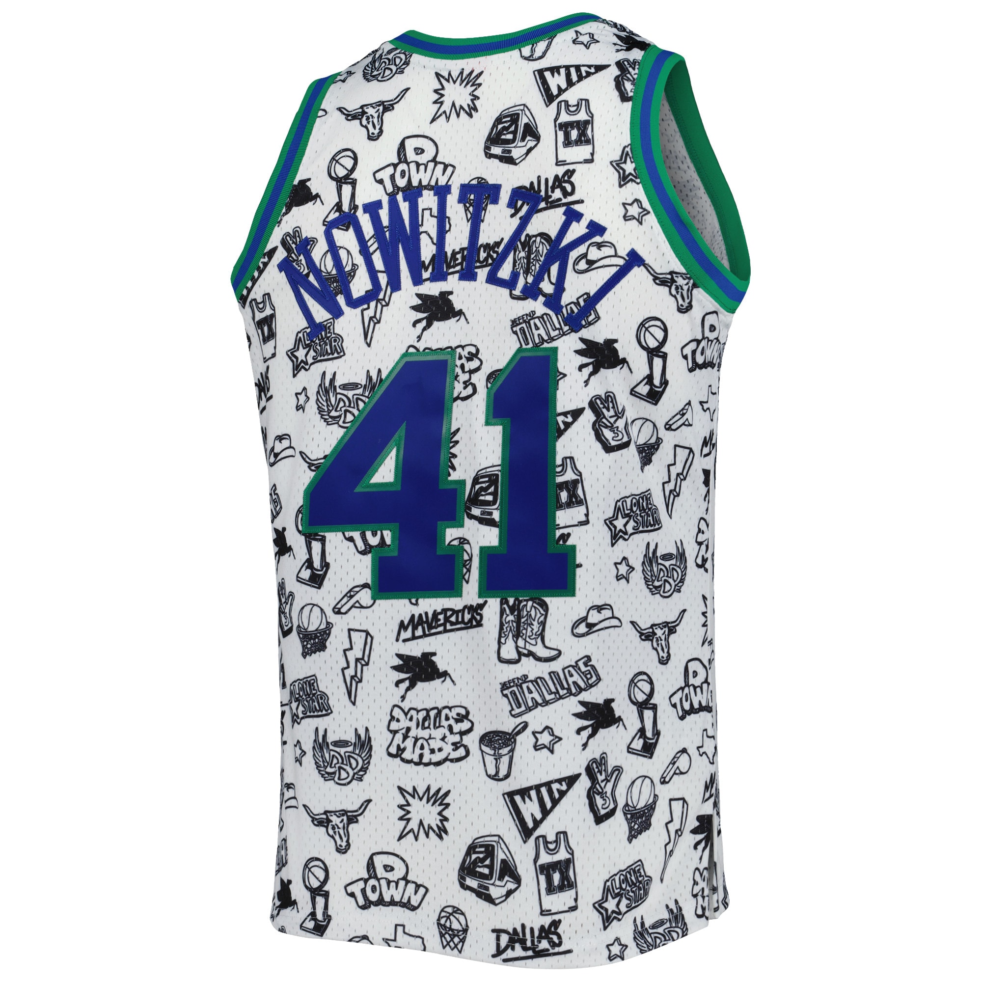 Dirk Nowitzki Dallas Mavericks Mitchell & Ness 1998\/99 Hardwood Classics Doodle Swingman Jersey - White