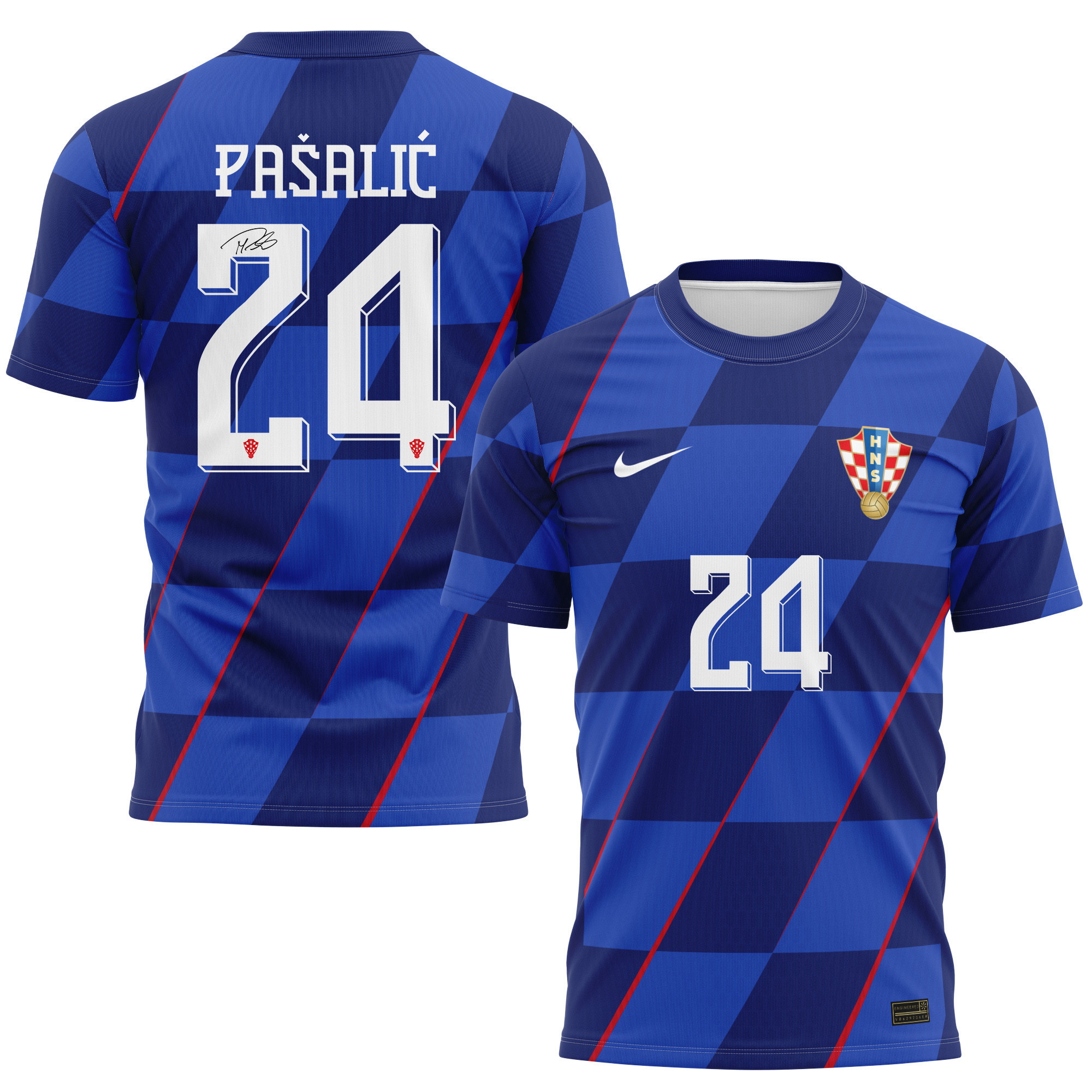 Marco Pašalić 24 Signed Croatia National Team 2024/25 Away Kits AOP T-shirt Autographed - Navy