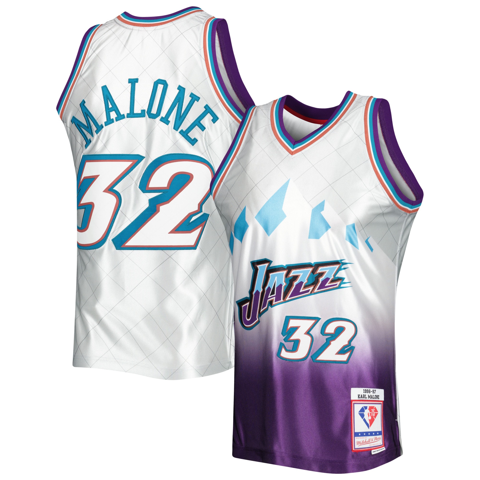 Karl Malone Utah Jazz Mitchell & Ness 1996\/97 Hardwood Classics 75th Anniversary Swingman Jersey - Platinum
