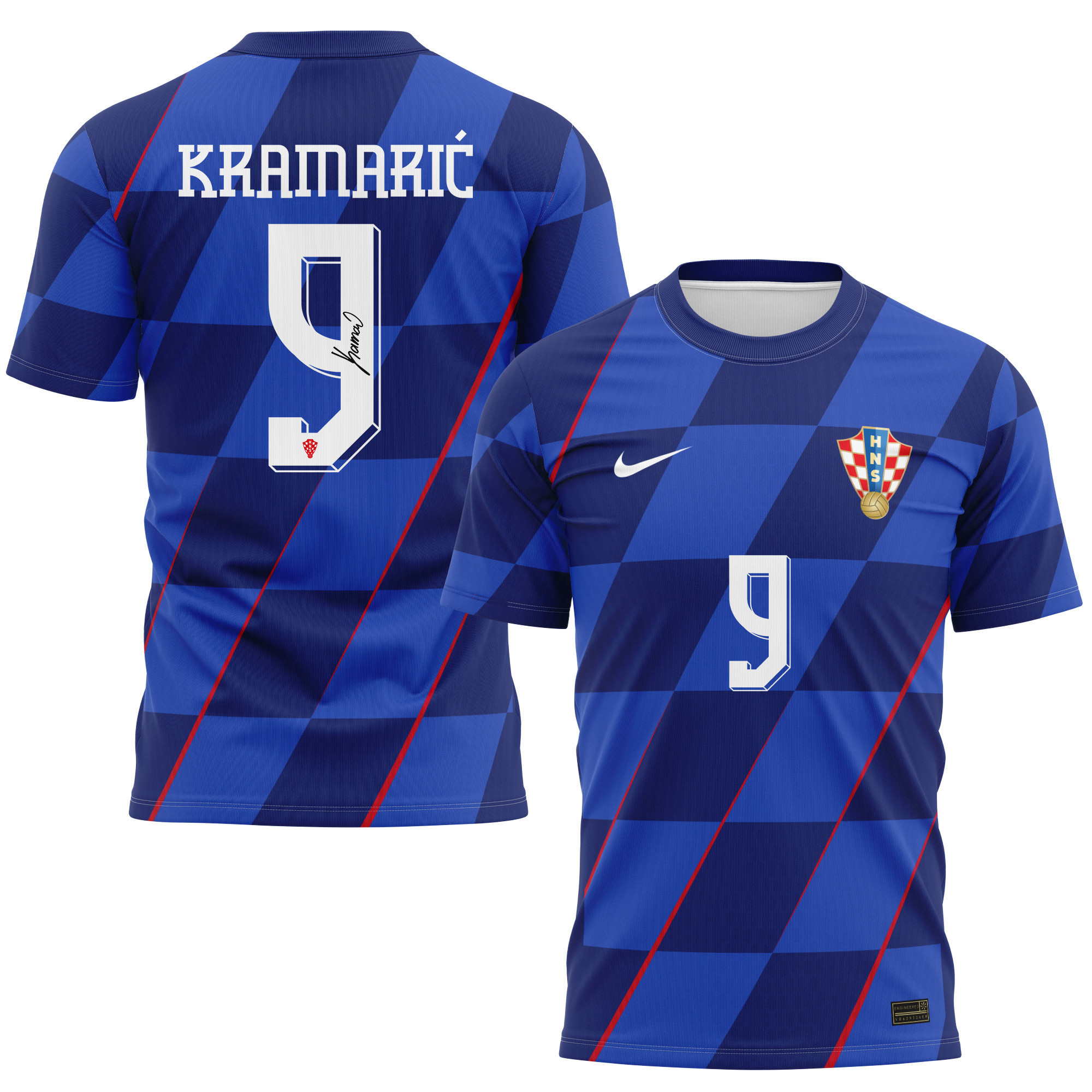 Andrej Kramarić 9 Signed Croatia National Team 2024/25 Away Kits AOP T-shirt Autographed - Navy