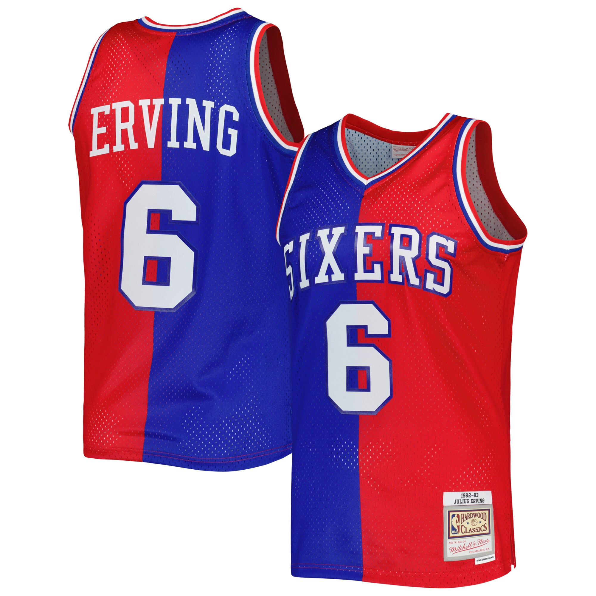 Julius Erving Philadelphia 76ers Mitchell & Ness Hardwood Classics 1982\/83 Split Swingman Jersey - Royal\/Red