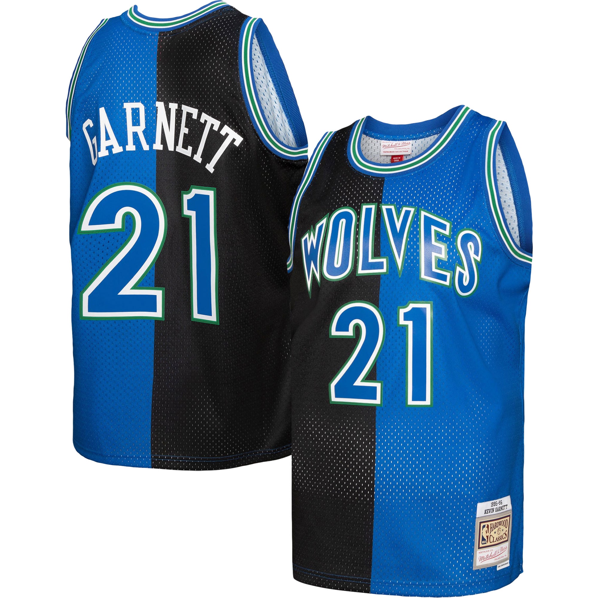 Kevin Garnett Minnesota Timberwolves Mitchell & Ness Hardwood Classics 1995\/96 Split Swingman Jersey - Black\/Blue