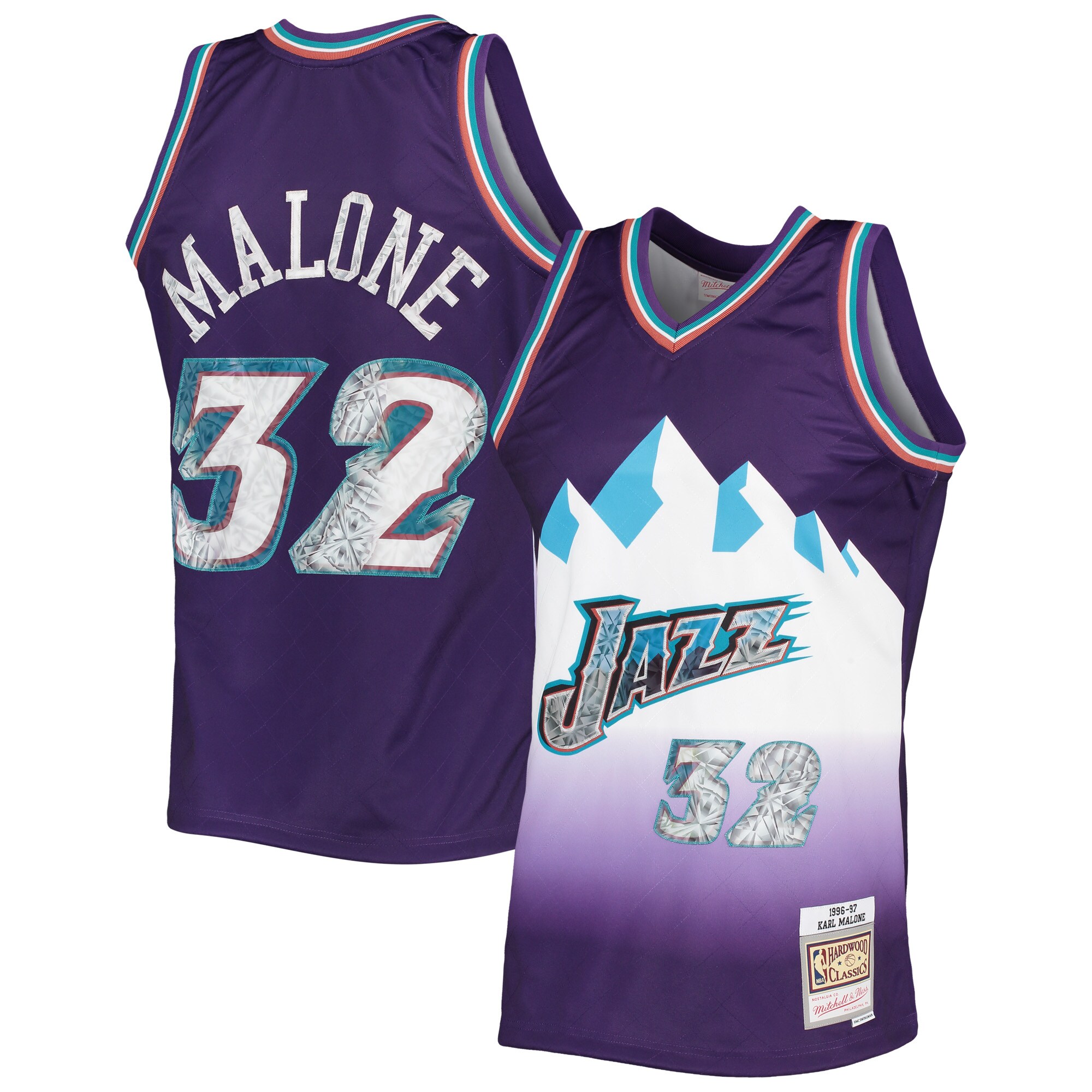 Karl Malone Utah Jazz Mitchell & Ness 1996\/97 Hardwood Classics NBA 75th Anniversary Diamond Swingman Jersey - Purple