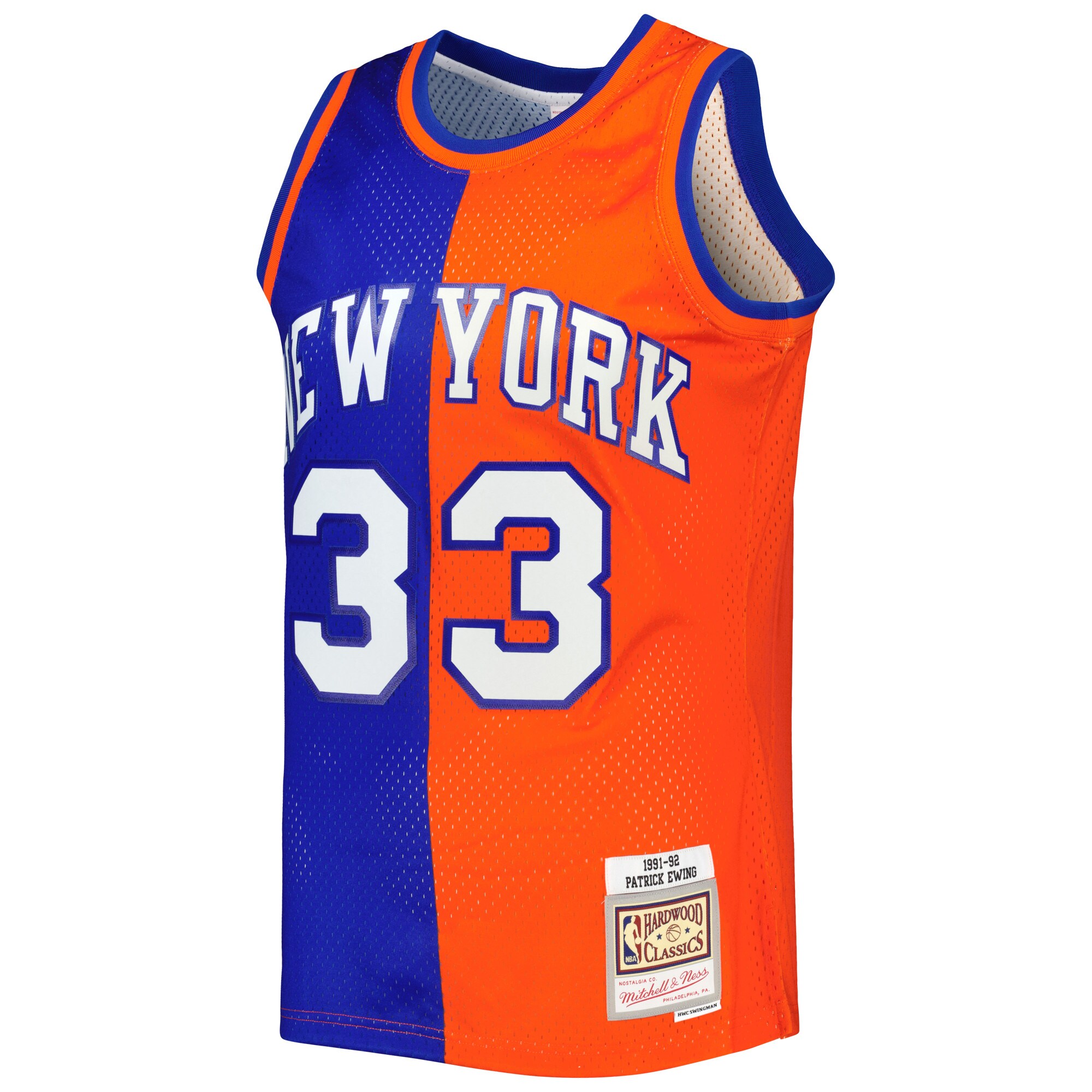 Patrick Ewing New York Knicks Mitchell & Ness Hardwood Classics 1991\/92 Split Swingman Jersey - Blue\/Orange