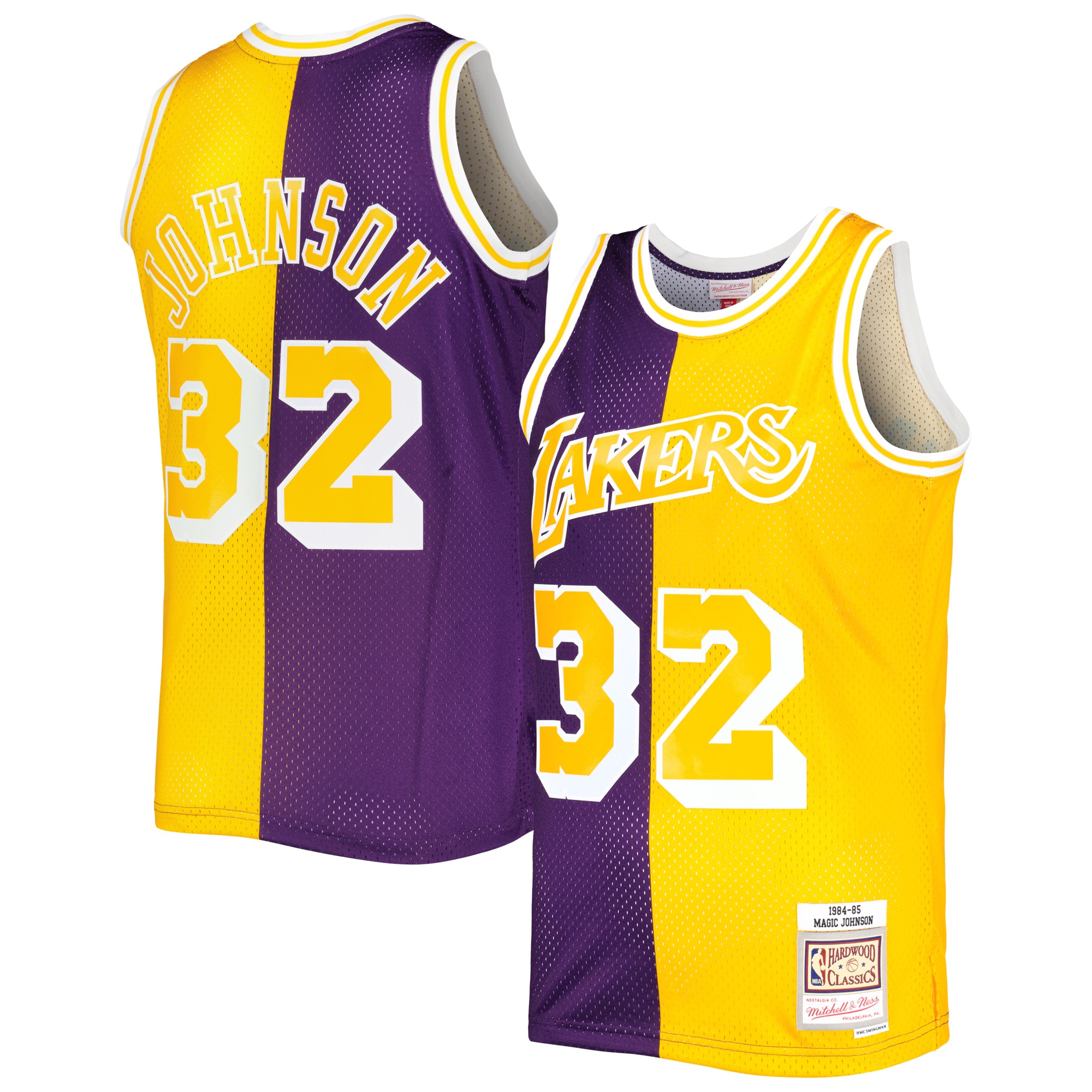 Magic Johnson Los Angeles Lakers Mitchell & Ness Hardwood Classics 1984\/85 Split Swingman Jersey - Purple\/Gold