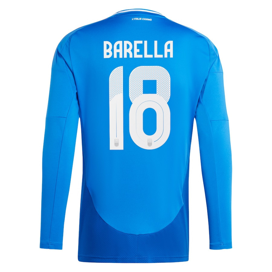 Nicolo Barella 18 Italy National Team 2024 Home Long Sleeve Men Jersey - Blue