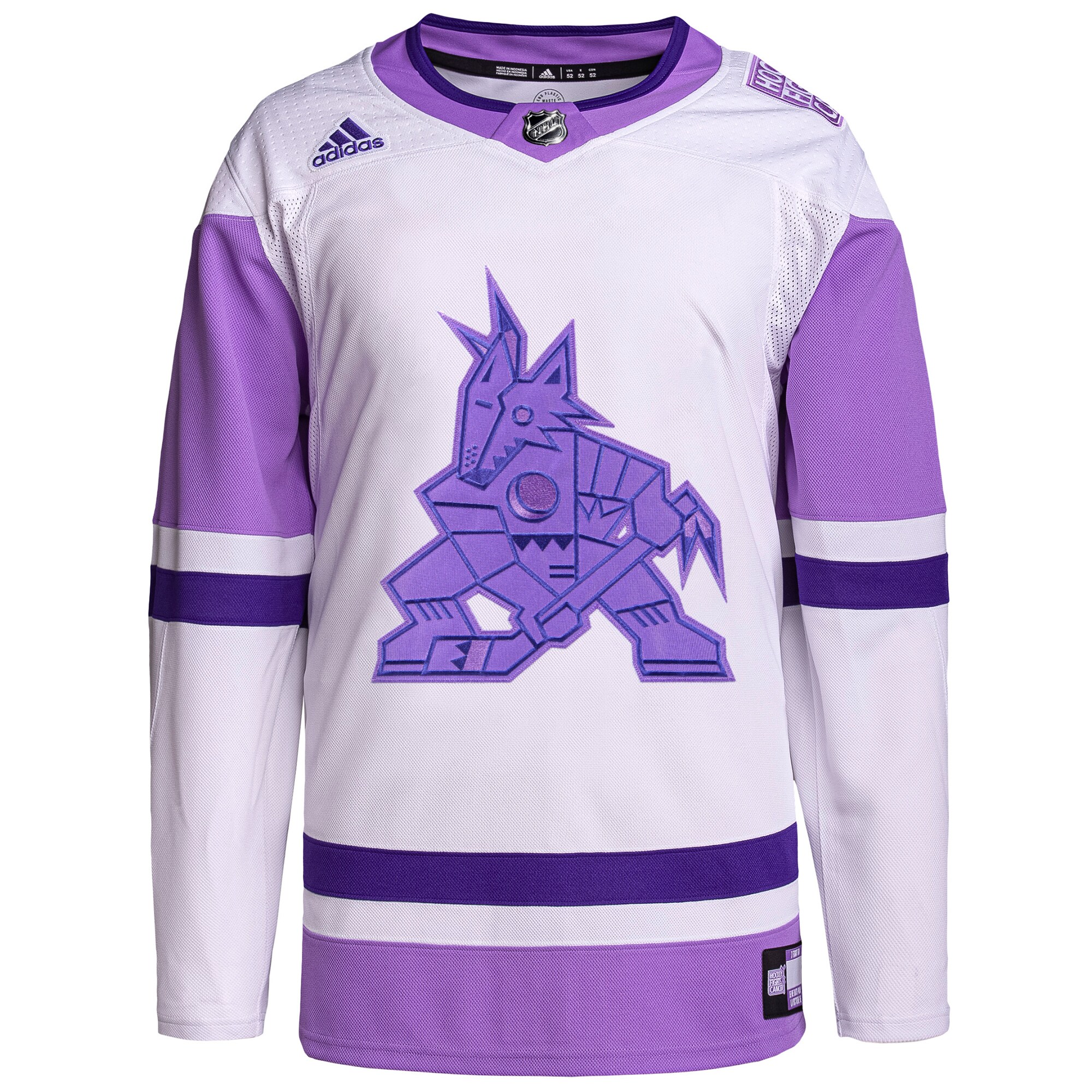 Arizona Coyotes adidas Hockey Fights Cancer Primegreen Authentic Blank Practice Jersey - White\/Purple