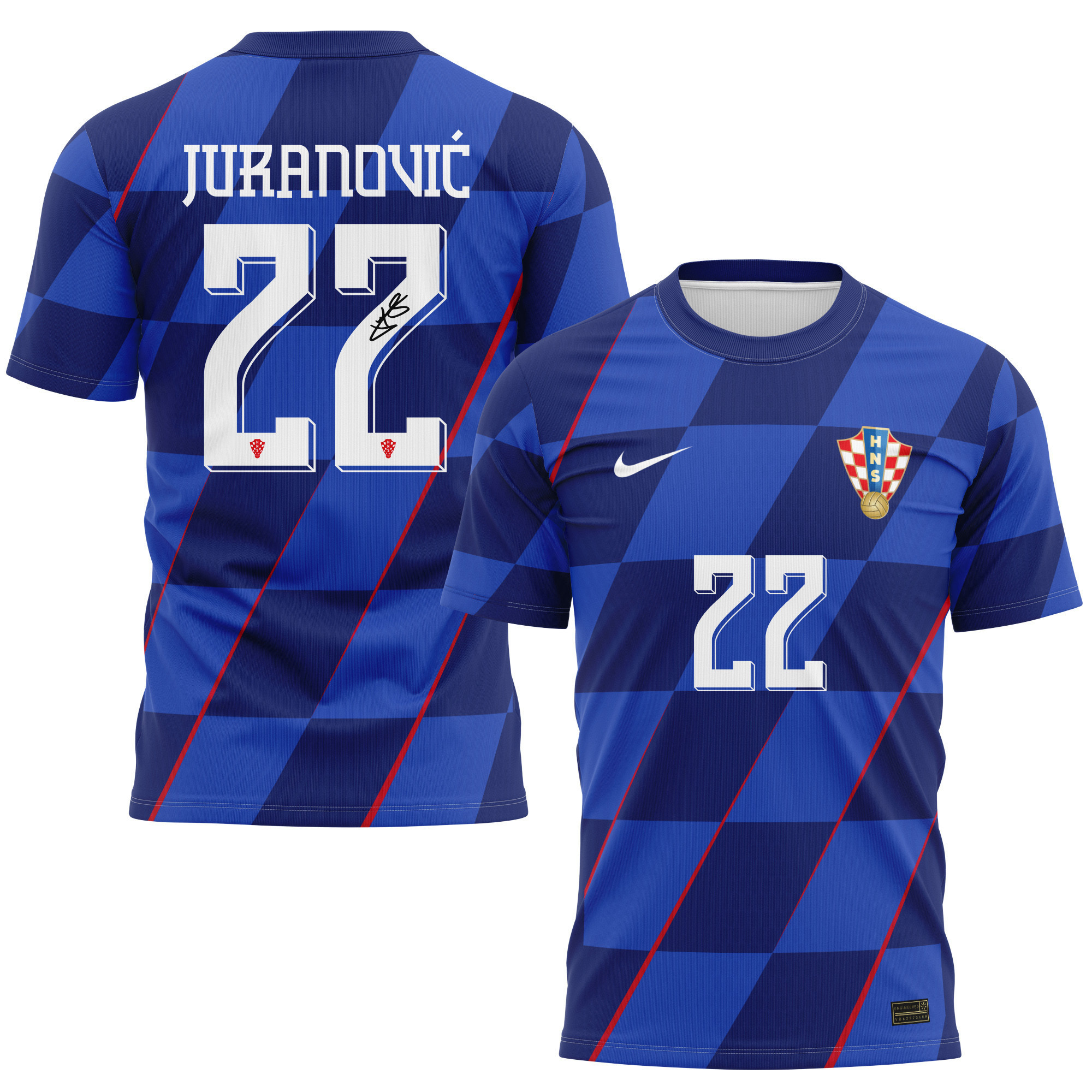Josip Juranović 22 Signed Croatia National Team 2024/25 Away Kits AOP T-shirt Autographed - Navy