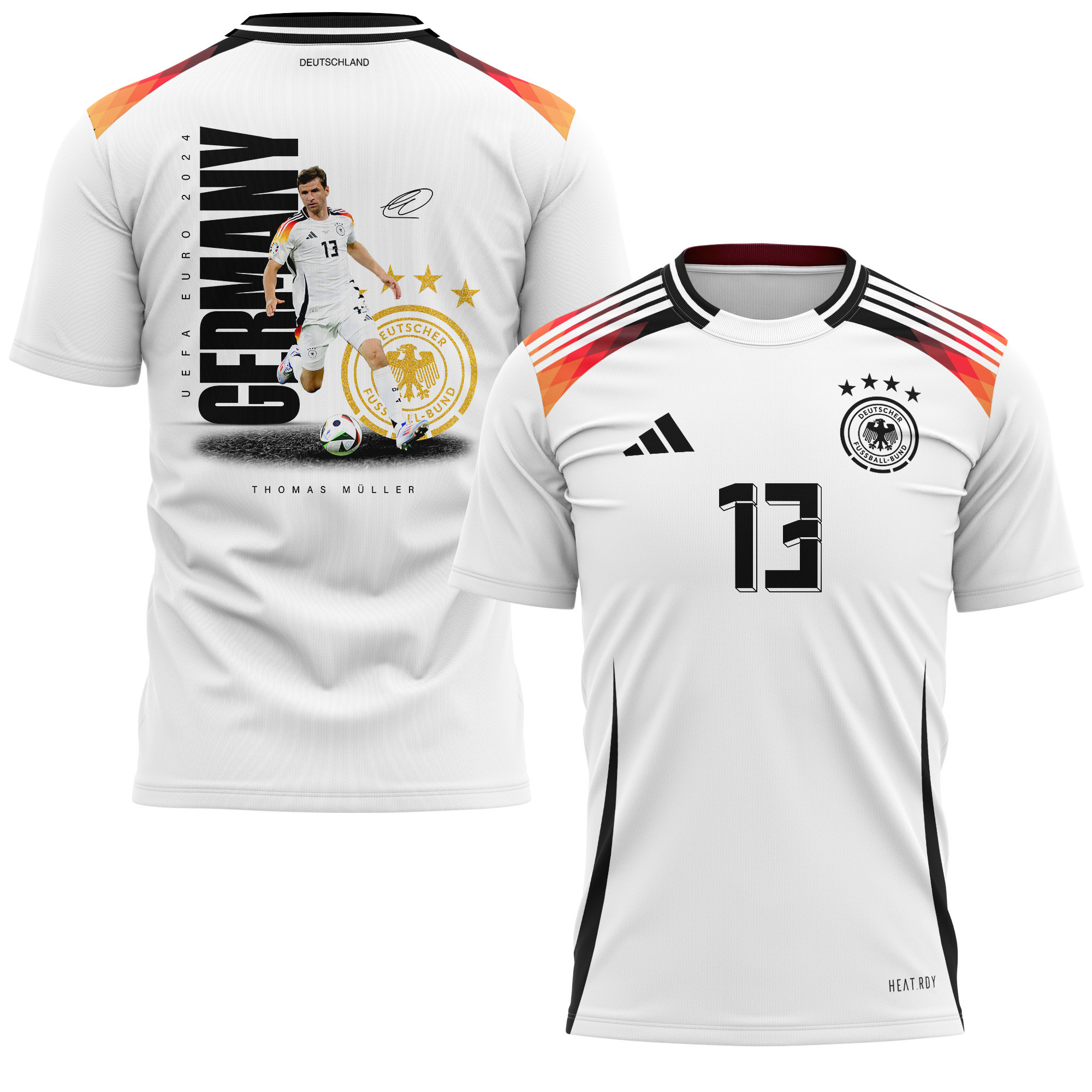 Thomas Müller 13 Signed Goal-Scoring Germany National Team 2024 Home Kits AOP T-shirt - White