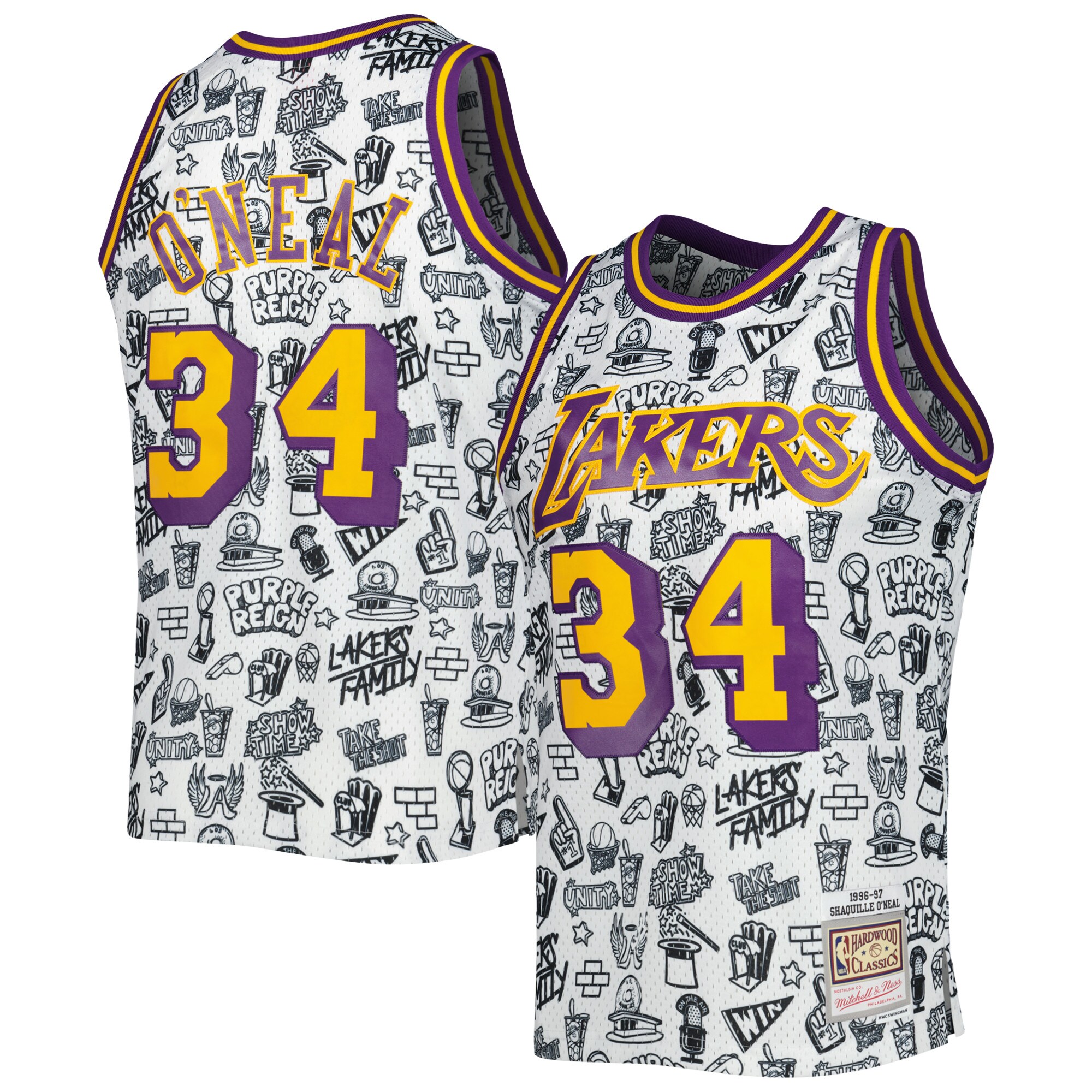 Shaquille O'Neal Los Angeles Lakers Mitchell & Ness 1996\/97 Hardwood Classics Doodle Swingman Jersey - White