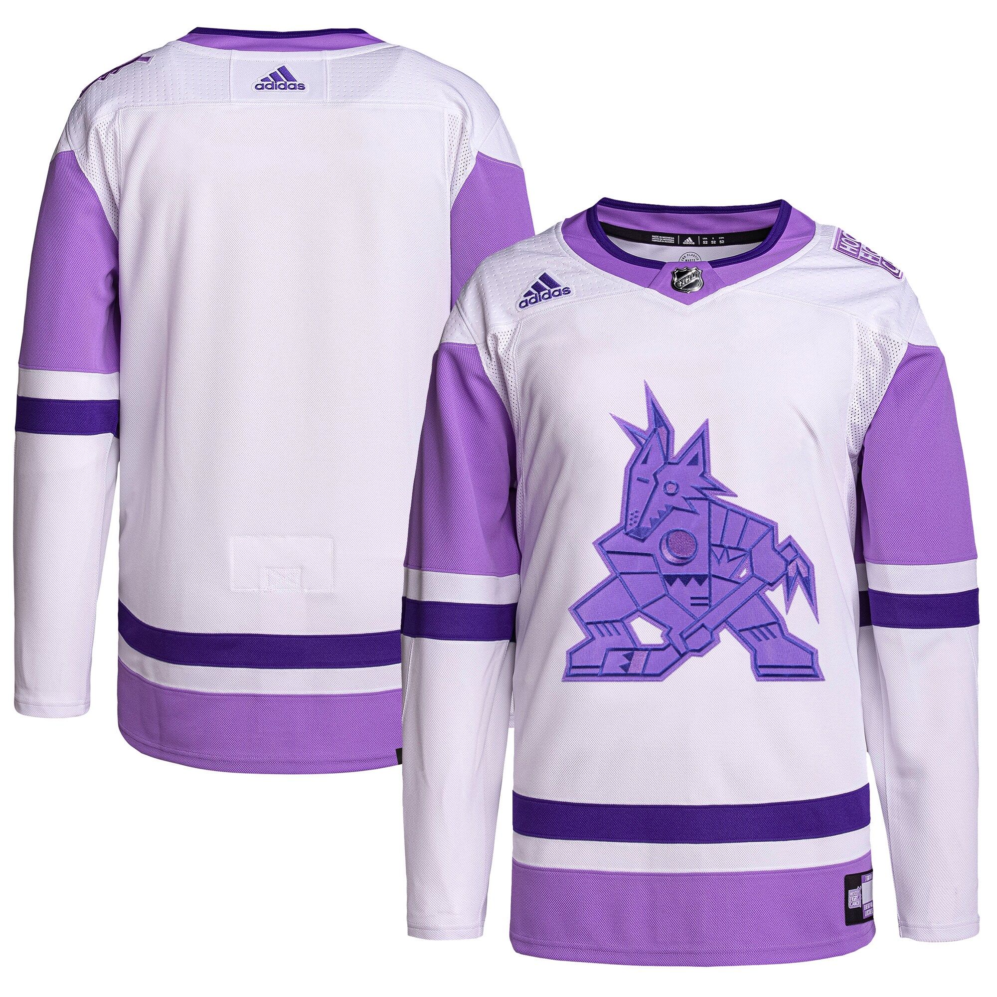 Arizona Coyotes adidas Hockey Fights Cancer Primegreen Authentic Blank Practice Jersey - White\/Purple