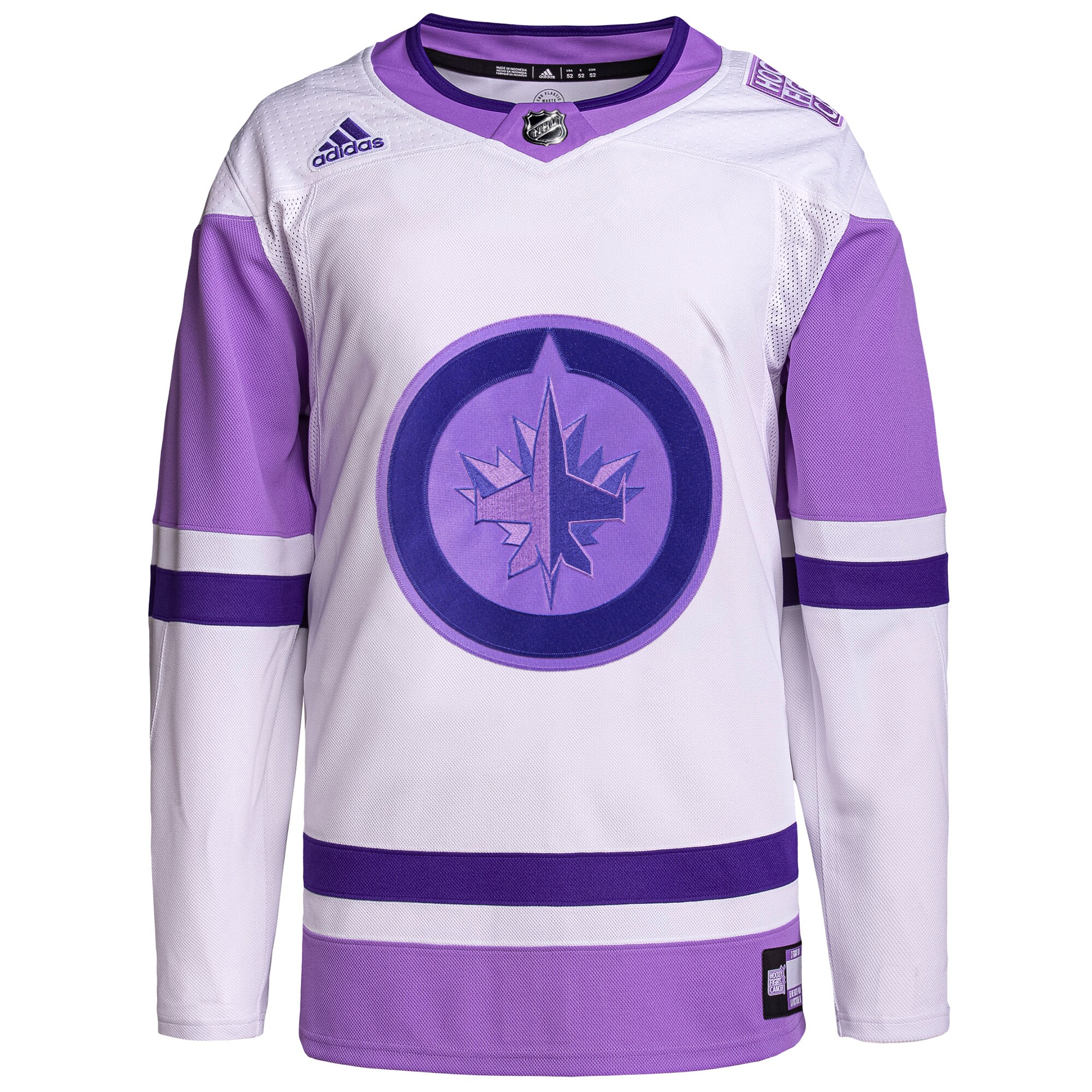 Winnipeg Jets adidas Hockey Fights Cancer Primegreen Authentic Blank Practice Jersey - White\/Purple