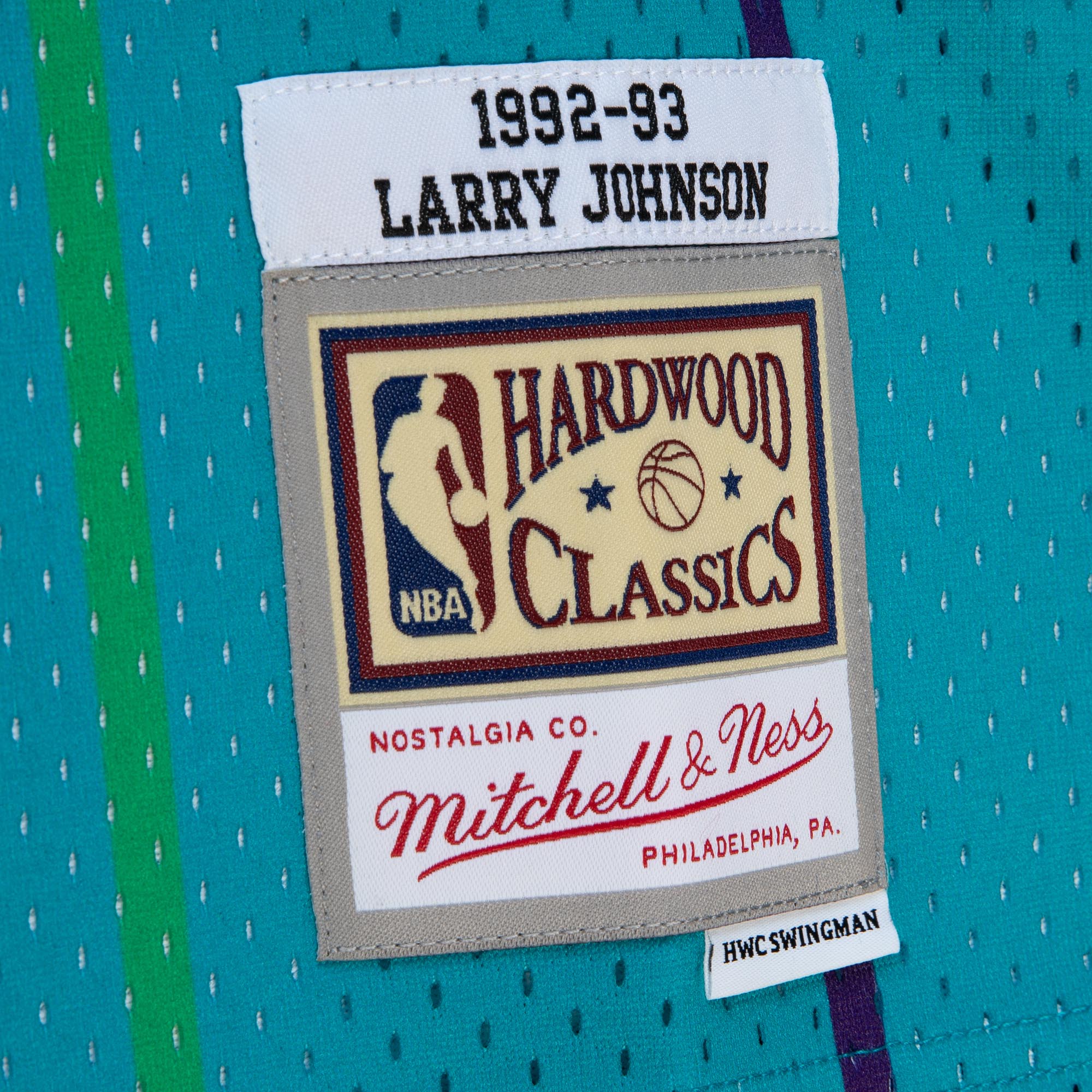 Larry Johnson Charlotte Hornets Mitchell & Ness 1992\/93 Hardwood Classics Fadeaway Swingman Player Jersey - Teal\/Black