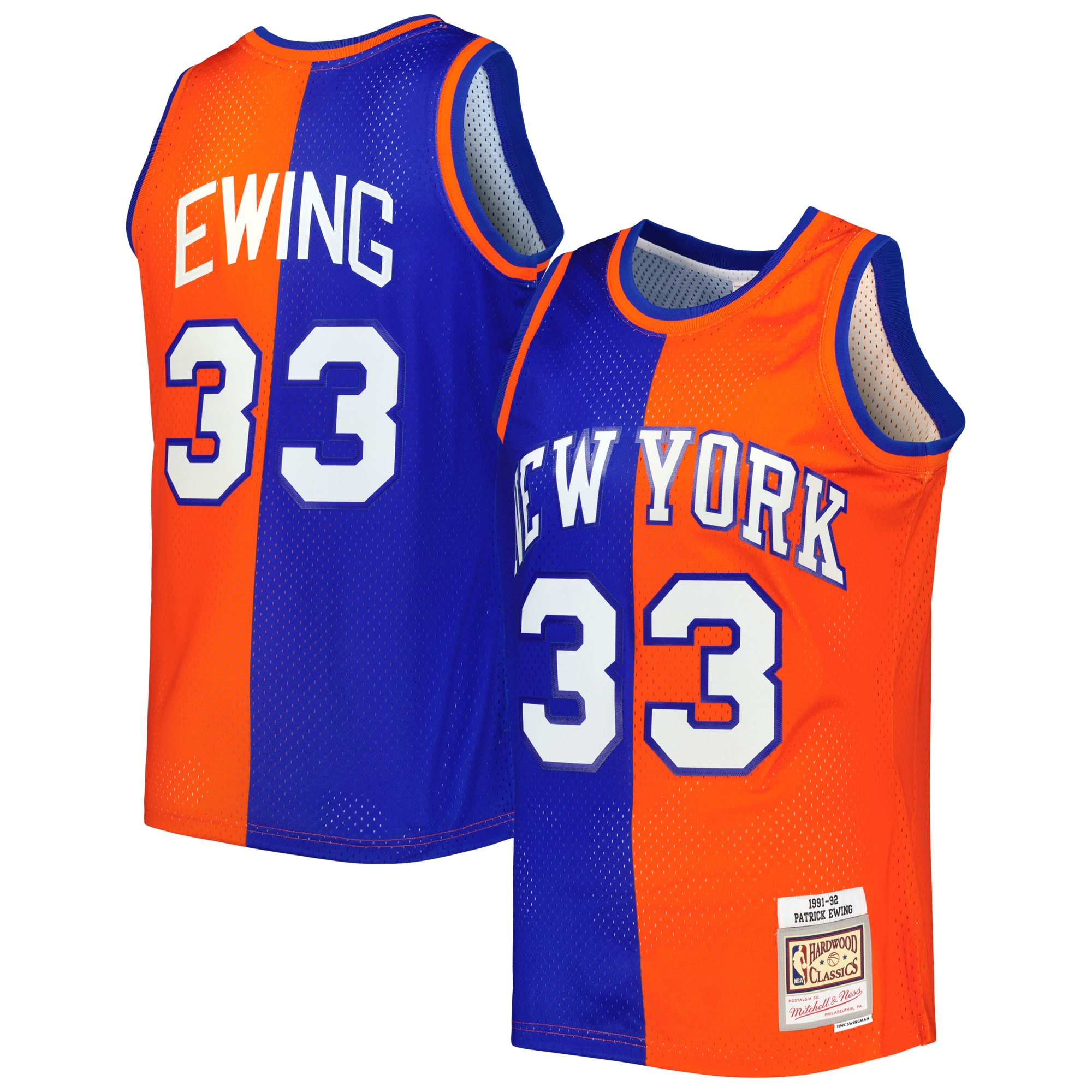 Patrick Ewing New York Knicks Mitchell & Ness Hardwood Classics 1991\/92 Split Swingman Jersey - Blue\/Orange
