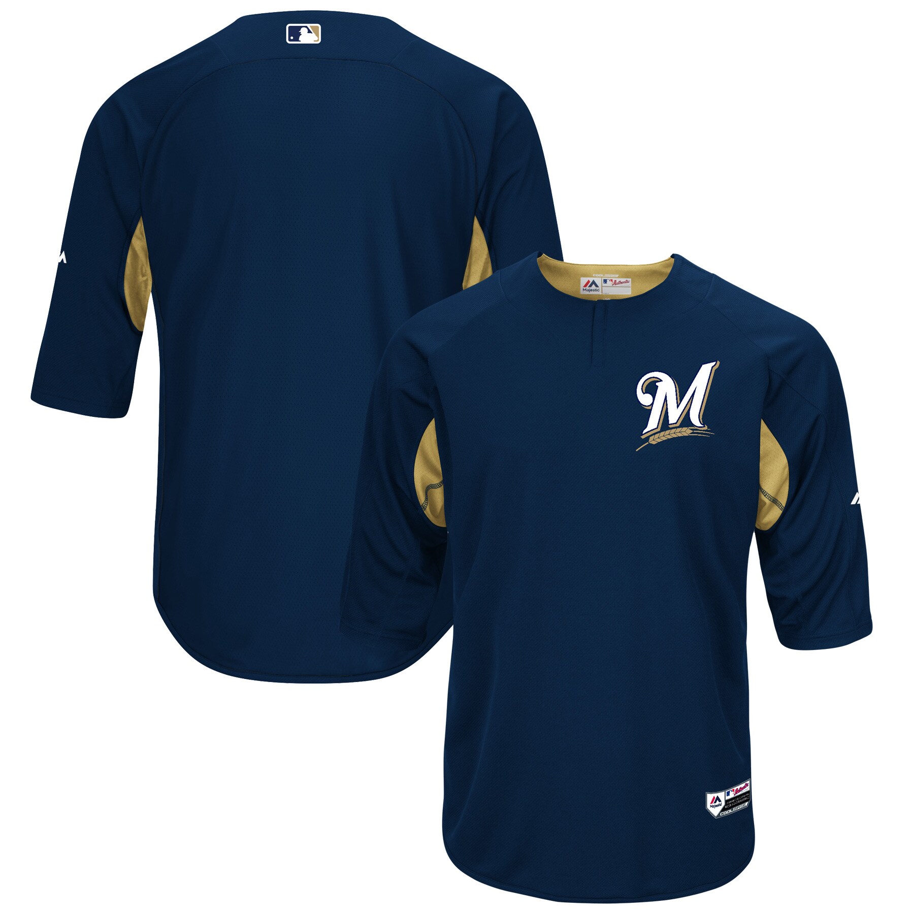 Milwaukee Brewers Majestic Authentic Collection On-Field 3\/4-Sleeve Batting Practice Jersey - Navy\/Gold