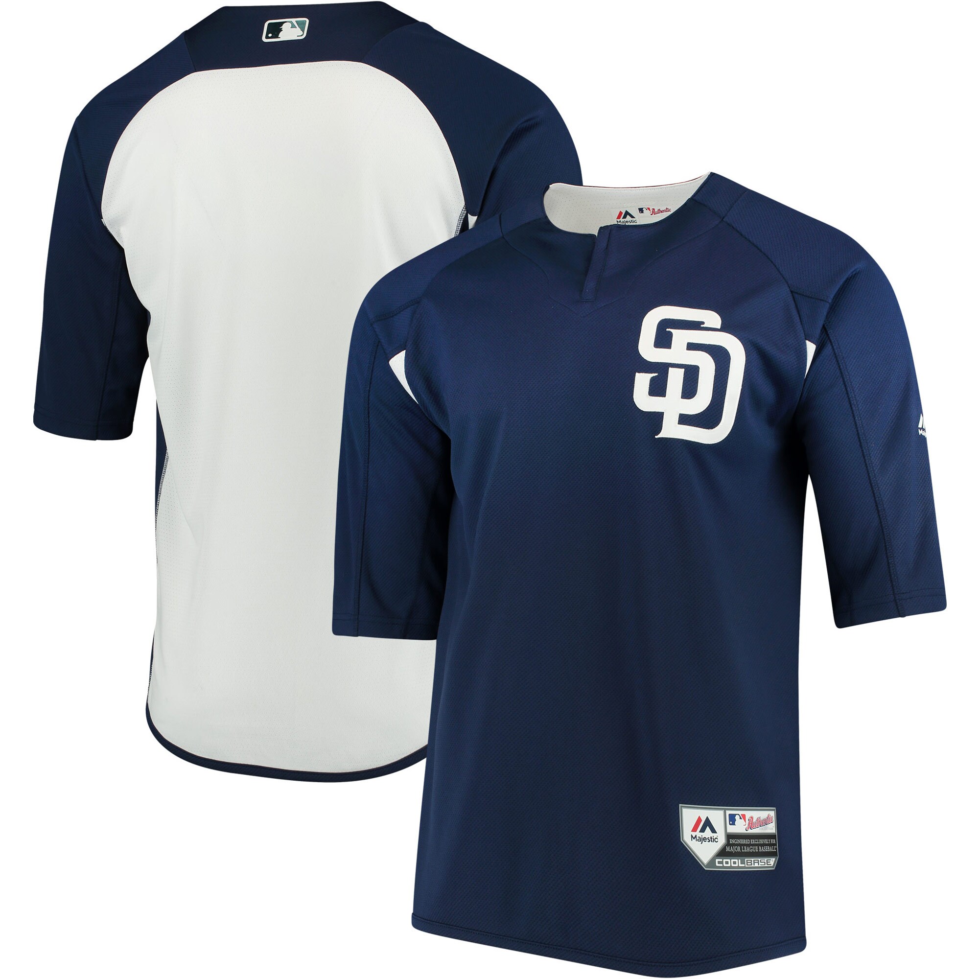 San Diego Padres Majestic Authentic Collection On-Field 3\/4-Sleeve Batting Practice Jersey - Navy\/White