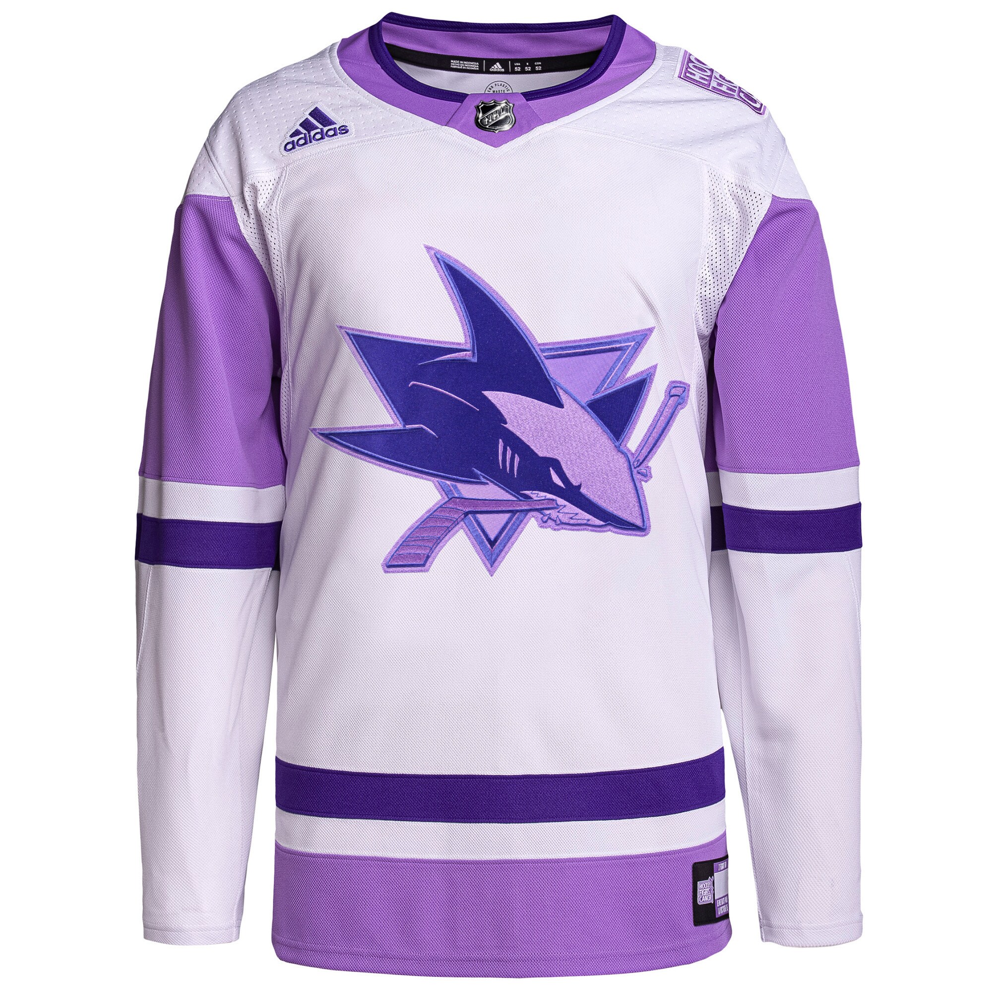 San Jose Sharks adidas Hockey Fights Cancer Primegreen Authentic Custom Jersey - White\/Purple