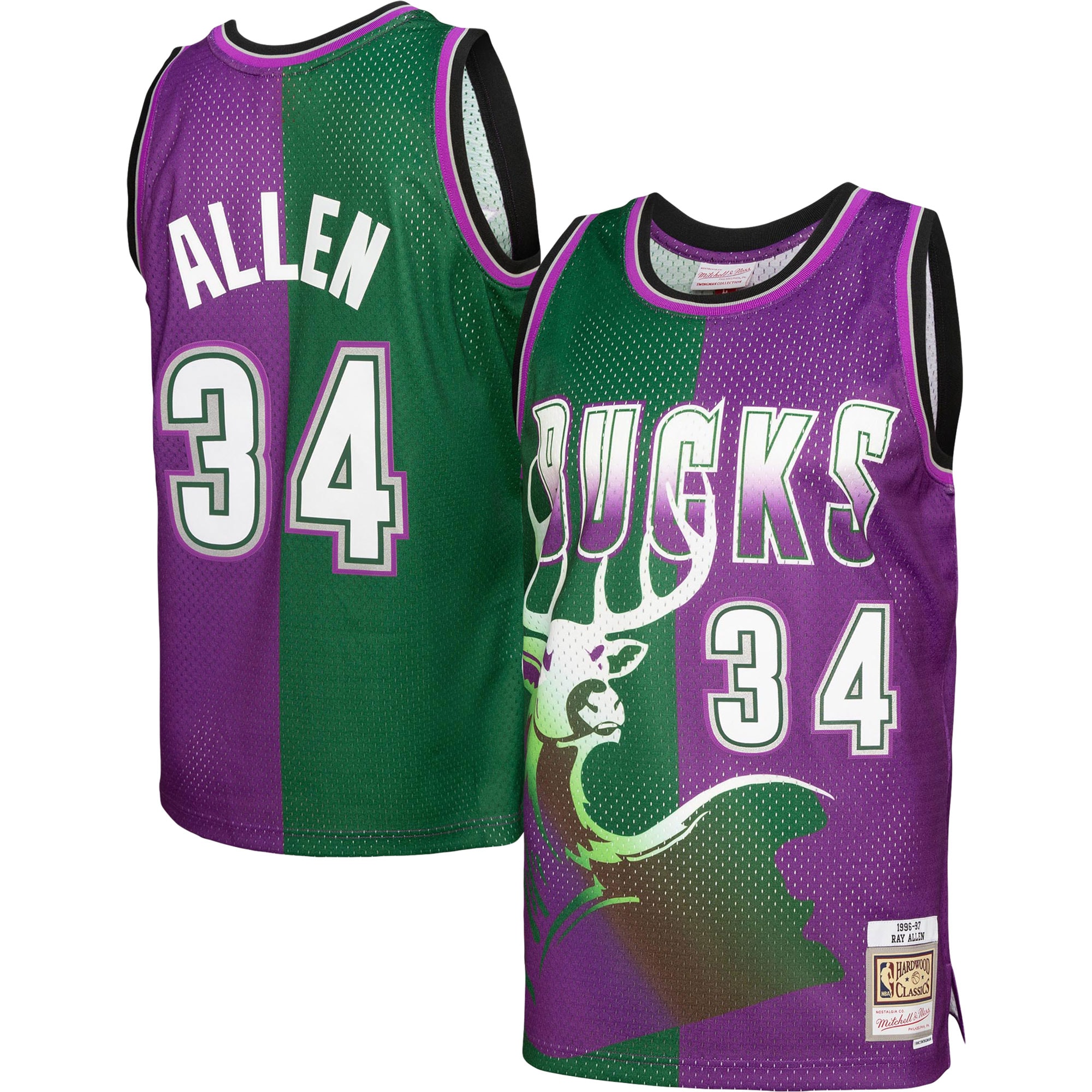 Ray Allen Milwaukee Bucks Mitchell & Ness Hardwood Classics 1996\/97 Split Swingman Jersey - Green\/Purple