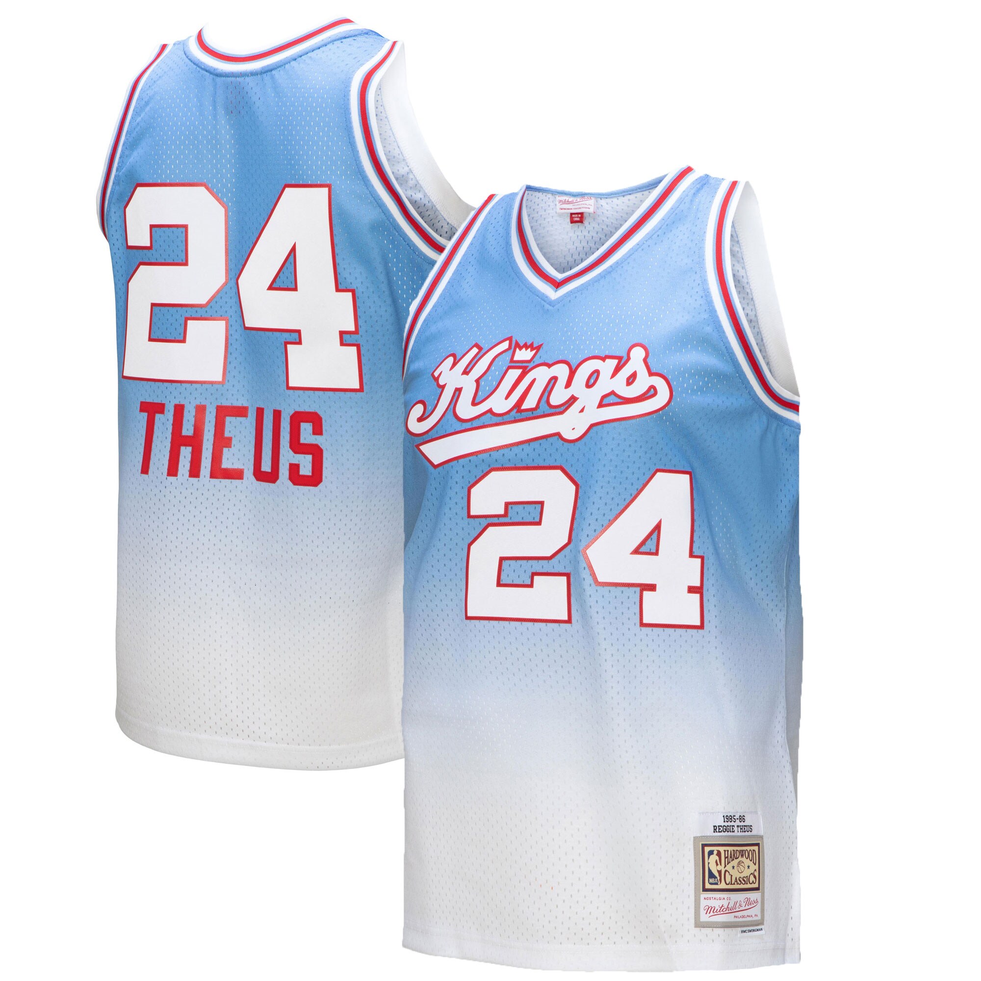 Reggie Theus Sacramento Kings Mitchell & Ness 1985\/86 Hardwood Classics Fadeaway Swingman Player Jersey - White\/Light Blue