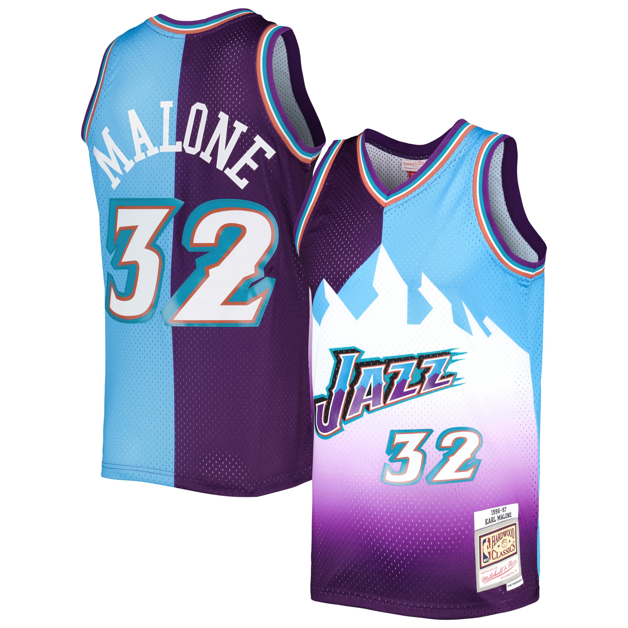 Karl Malone Utah Jazz Mitchell & Ness Hardwood Classics 1996\/97 Split Swingman Jersey - Purple\/Turquoise