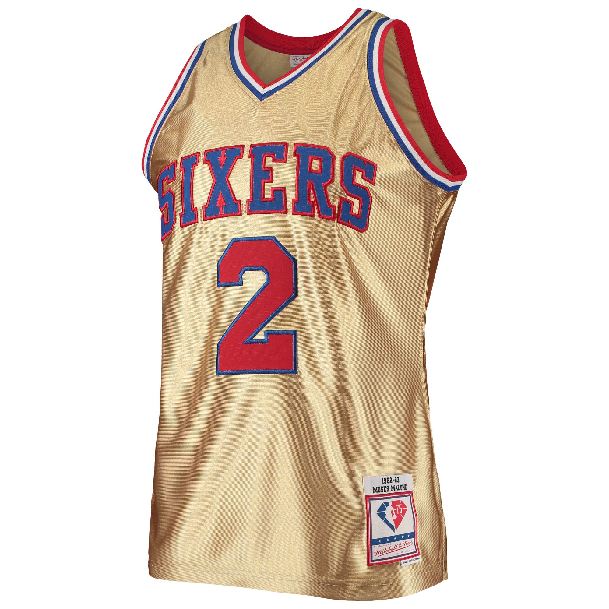 Moses Malone Philadelphia 76ers Mitchell & Ness 75th Anniversary 1982\/83 Hardwood Classics Swingman Jersey - Gold