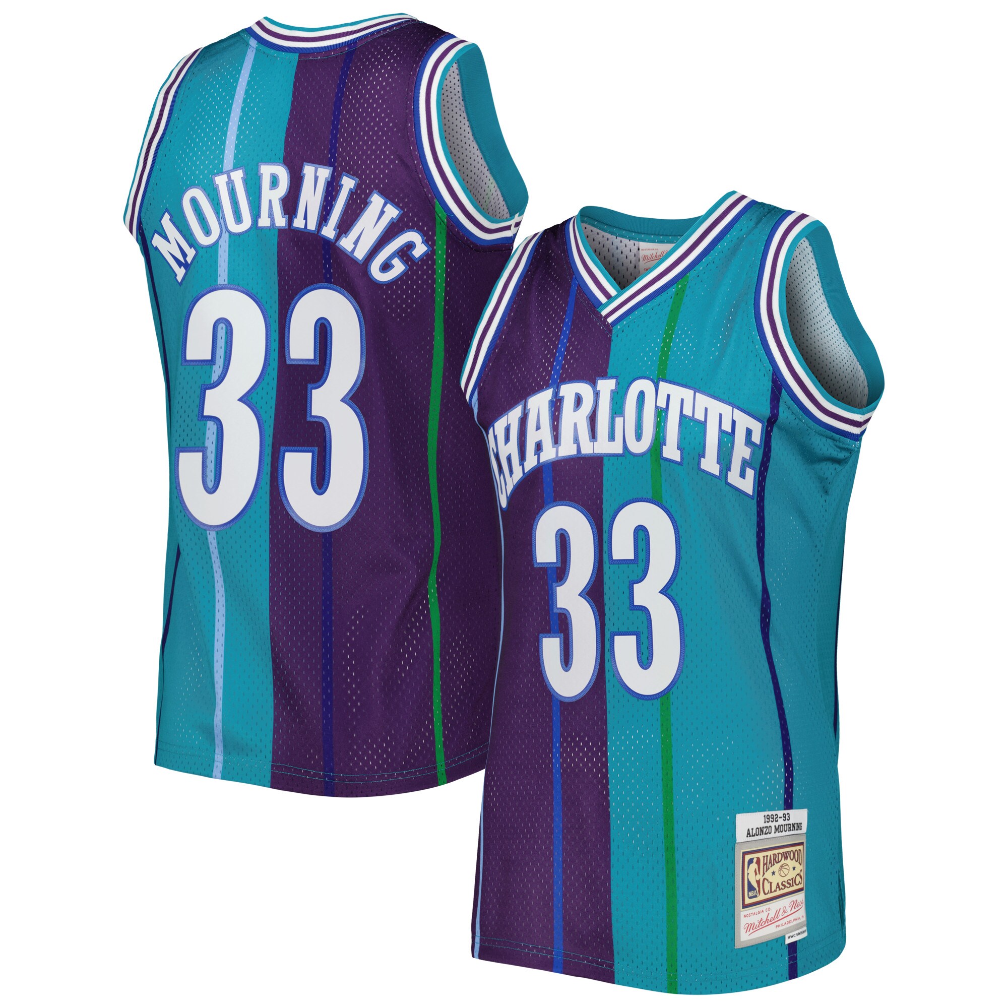 Alonzo Mourning Charlotte Hornets Mitchell & Ness Hardwood Classics 1992\/93 Split Swingman Jersey - Teal\/Purple