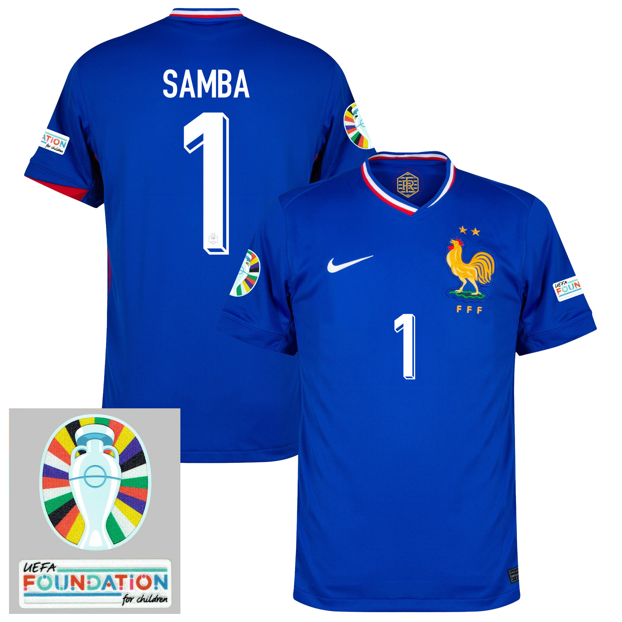 Brice Samba 1 France National Team 2024/25 Home Jersey - Euro UEFA Patch - Men, Blue
