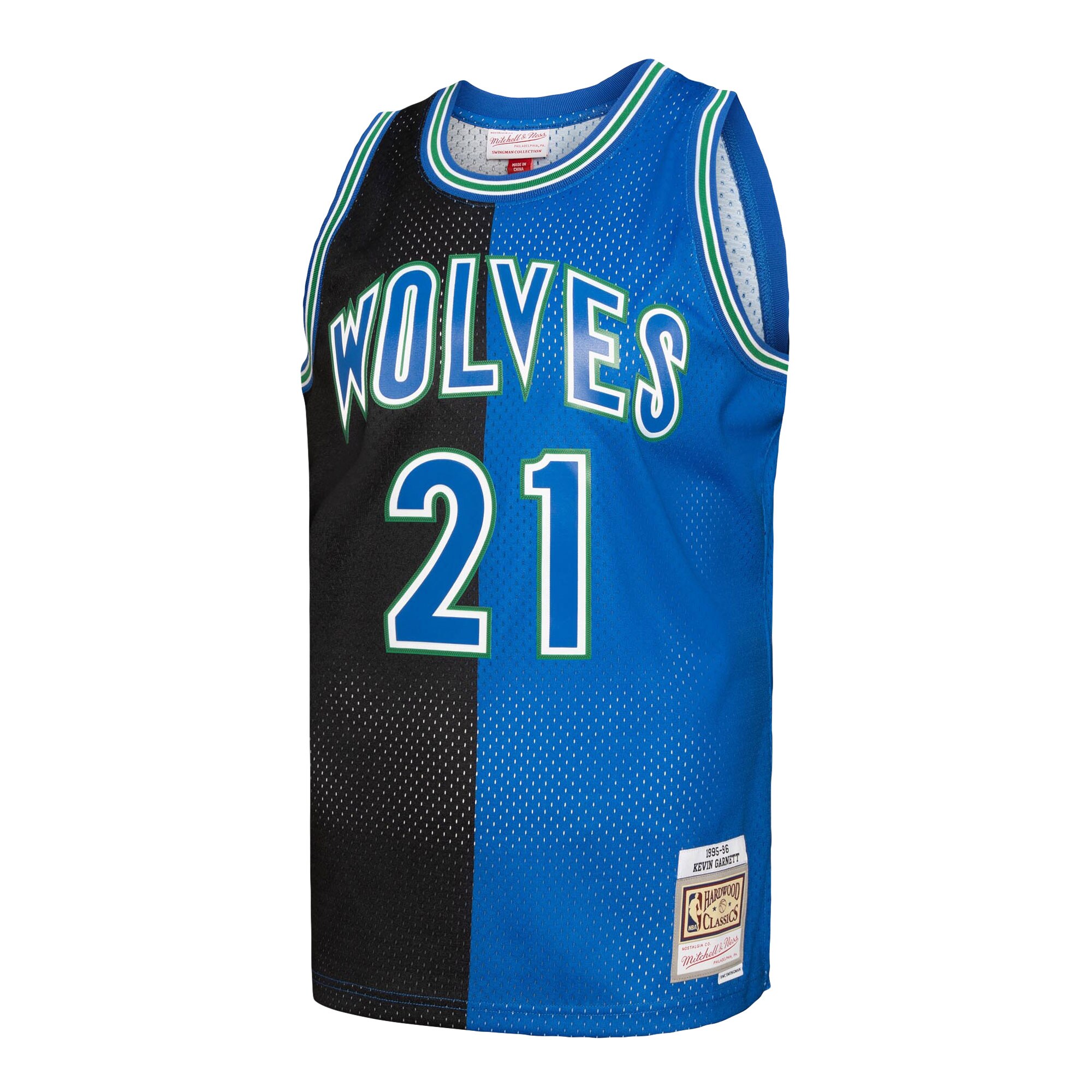 Kevin Garnett Minnesota Timberwolves Mitchell & Ness Hardwood Classics 1995\/96 Split Swingman Jersey - Black\/Blue