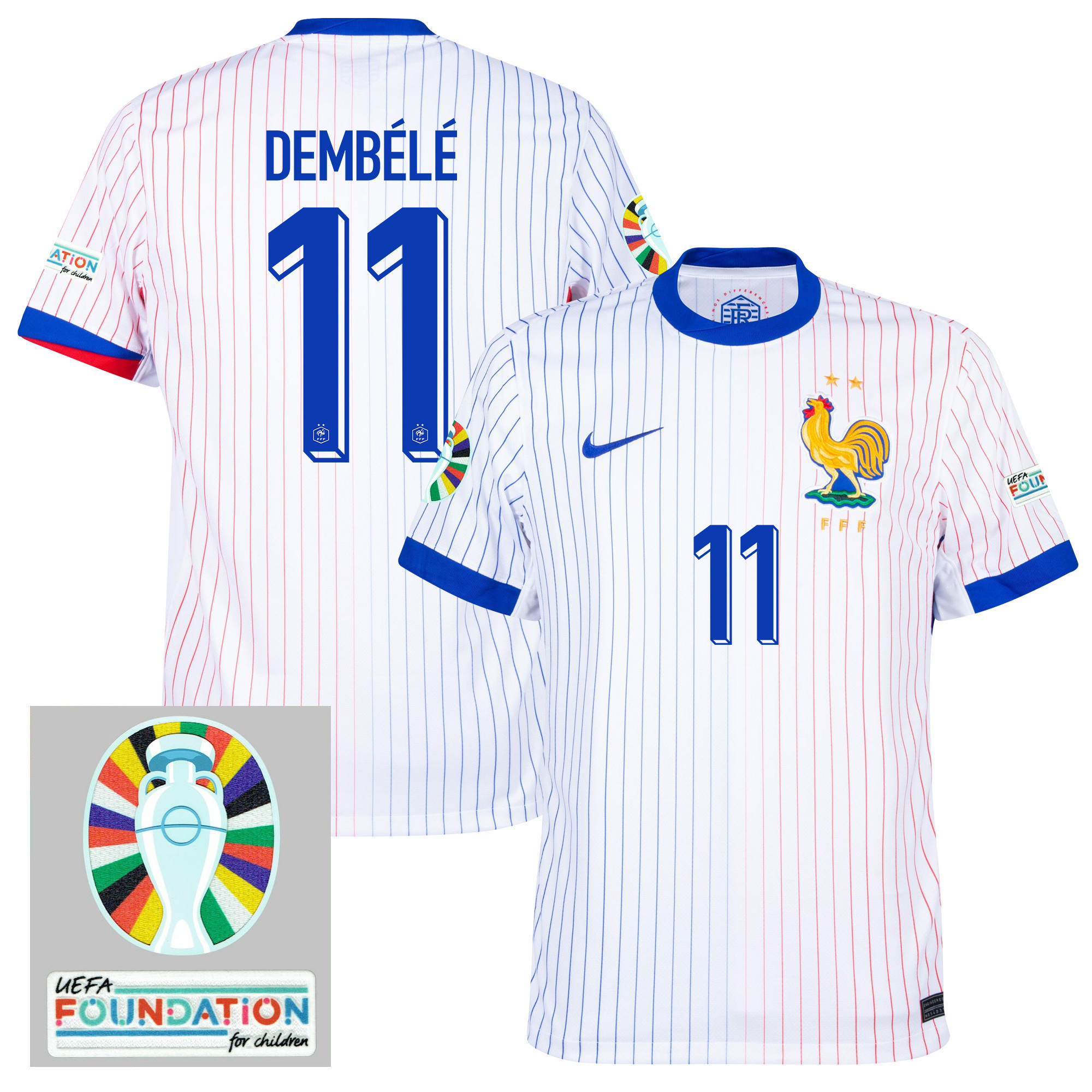 Ousmane Dembélé 11 France National Team 2024/25 Away Jersey - Euro UEFA Patch - Men, White