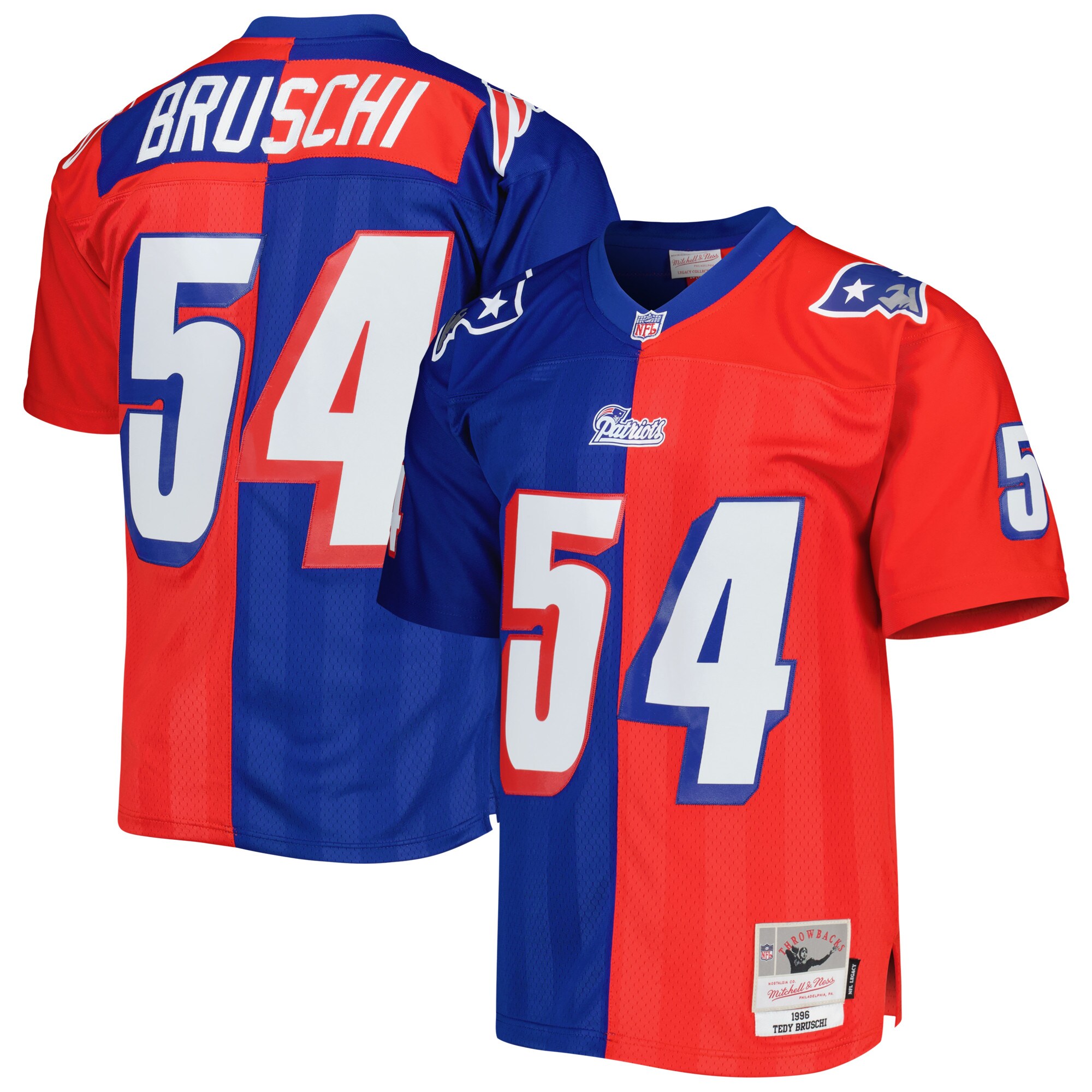Tedy Bruschi New England Patriots Mitchell & Ness 1996 Split Legacy Replica Jersey - Royal\/Red