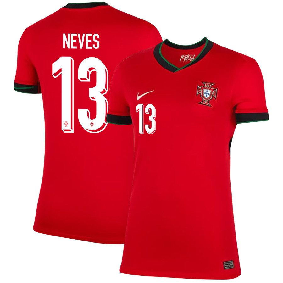 João Neves 13 Portugal National Team 2024/25 Home WOMEN Jersey - Red