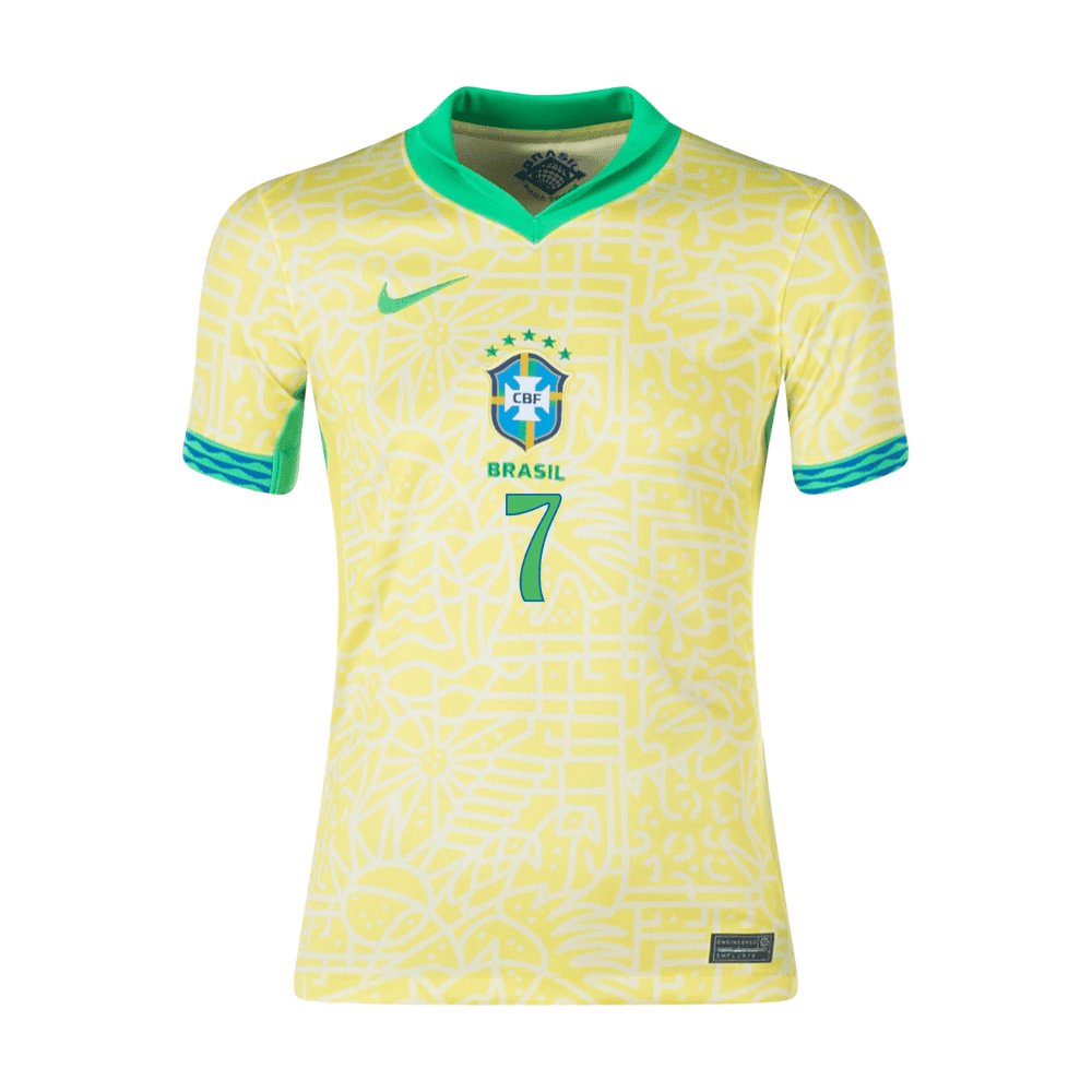 Vinicius Junior 7 Brazil National Team 2024 Home Stadium YOUTH Jersey - Yellow