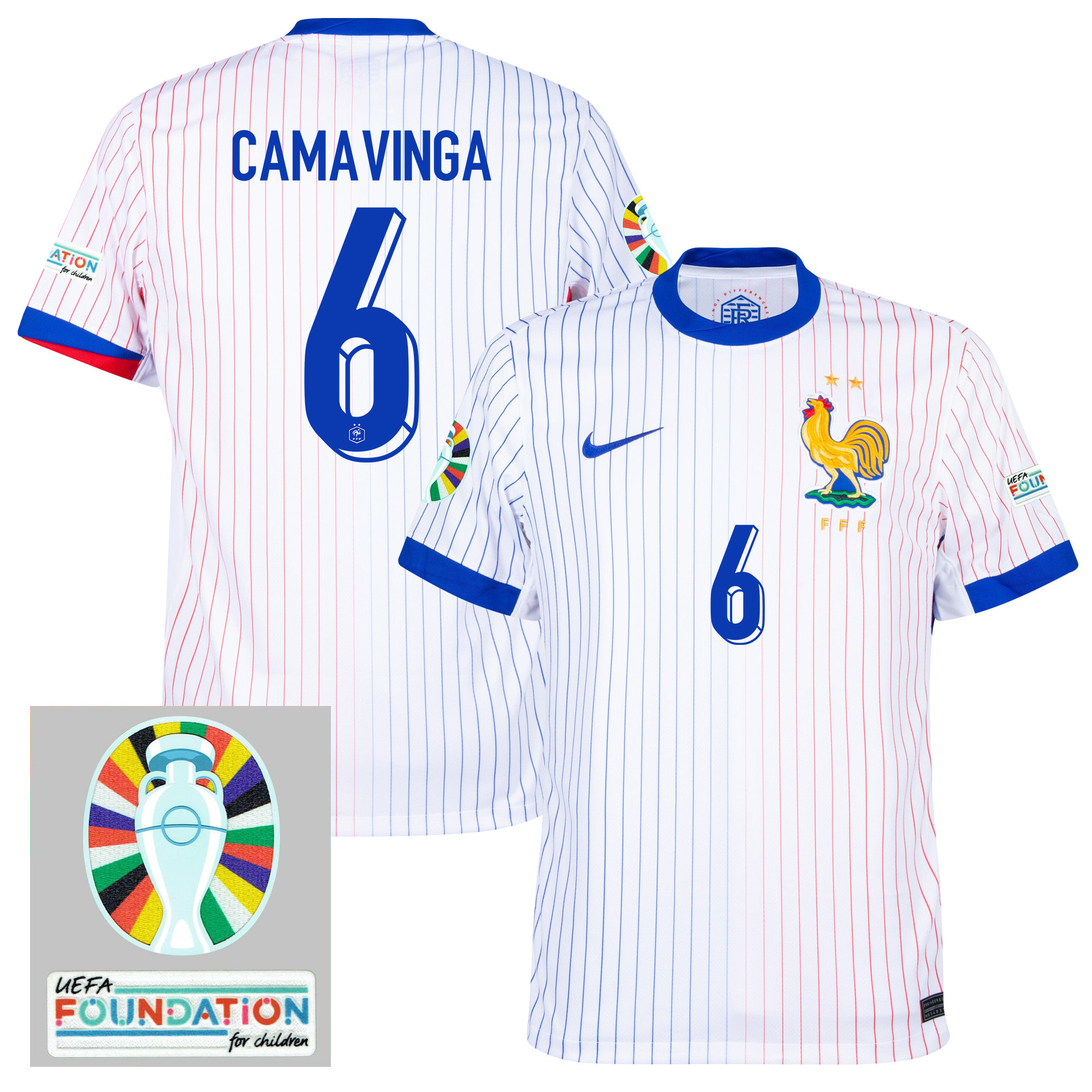 Eduardo Camavinga 6 France National Team 2024/25 Away Jersey - Euro UEFA Patch - Men, White